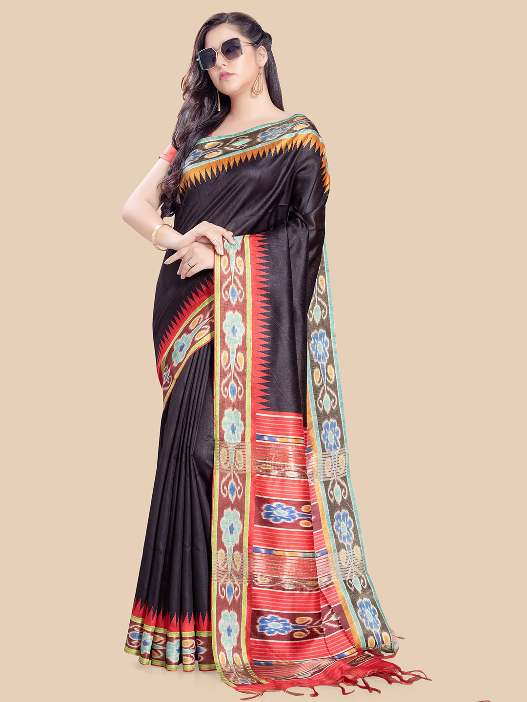 

Rani Saahiba Solid Printed Saree, Black