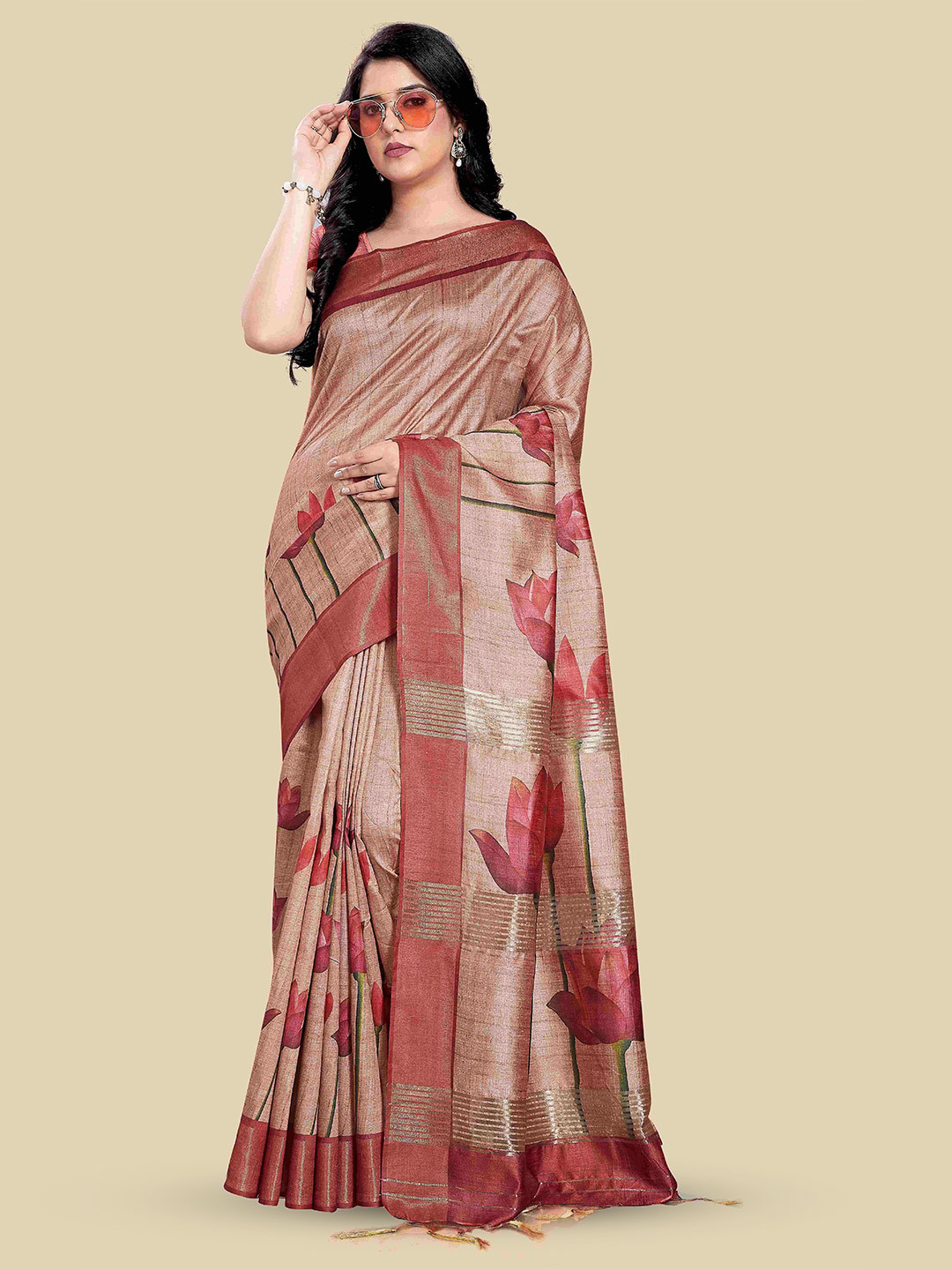 

Rani Saahiba Floral Printed Tussar Saree, Orange
