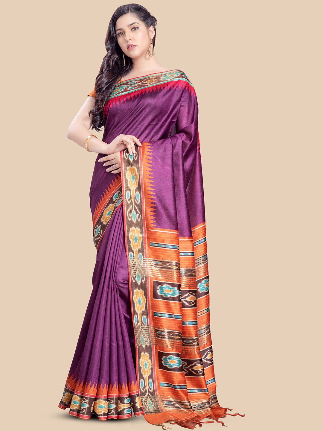 

Rani Saahiba Solid Printed Tussar Saree, Purple