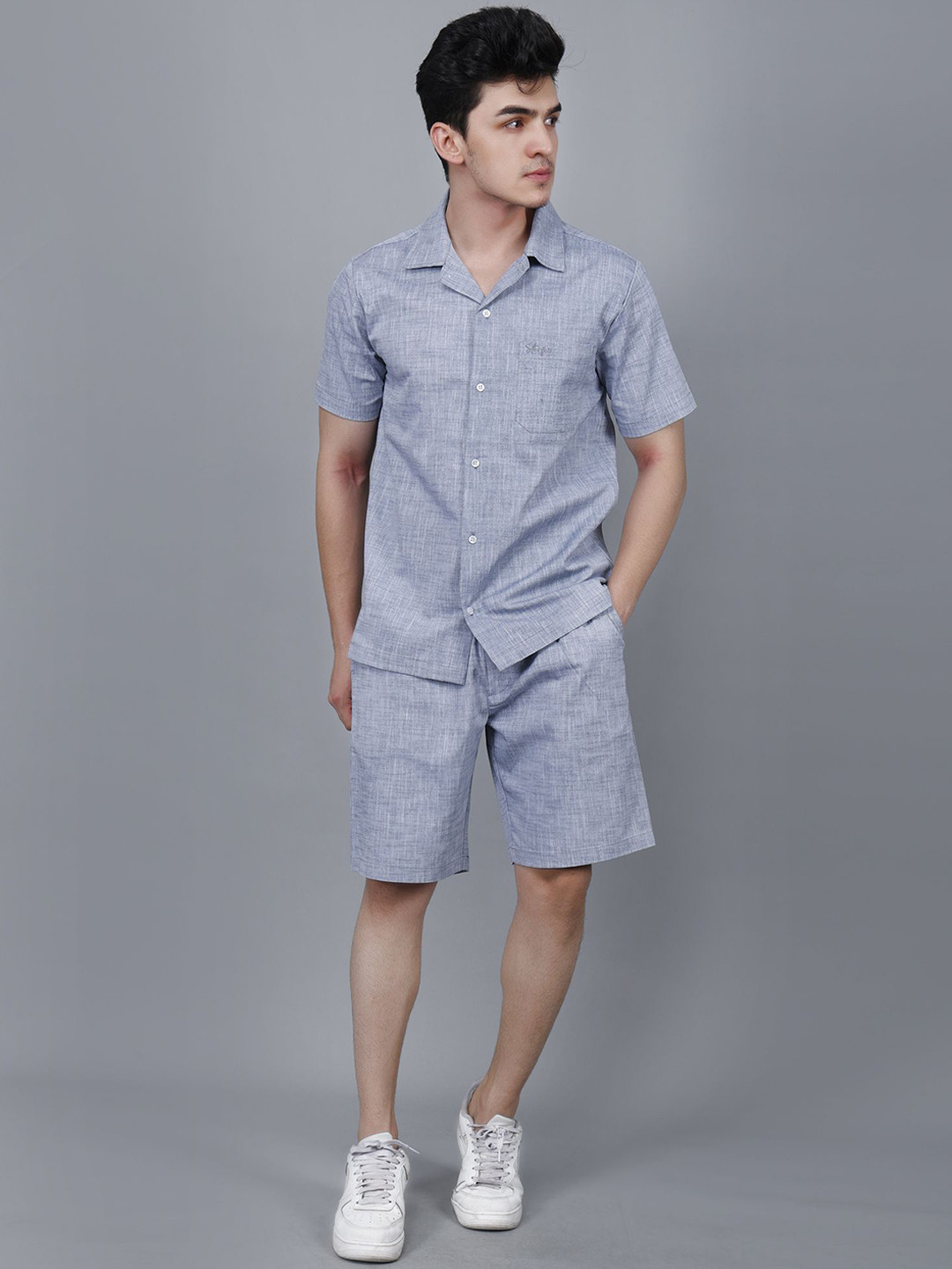 

STARFOX Cuban Collar Short Sleeves Shirt With Shorts, Grey