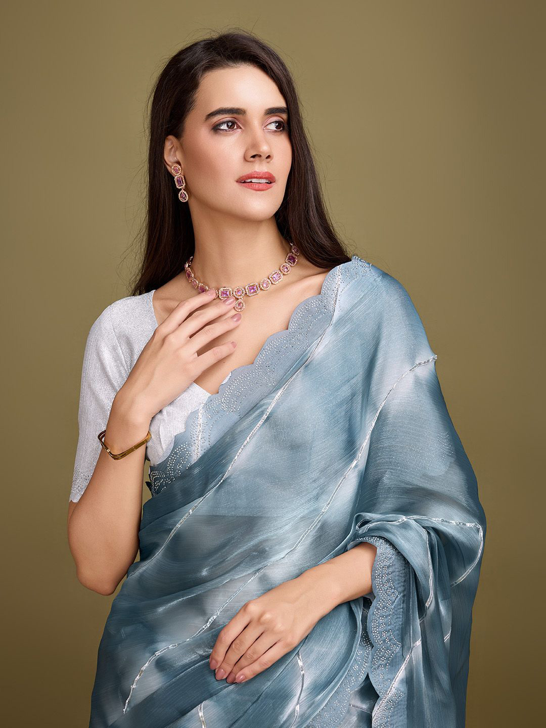

Rekha Maniyar Gotta Patti Organza Saree With Blouse Piece, Grey