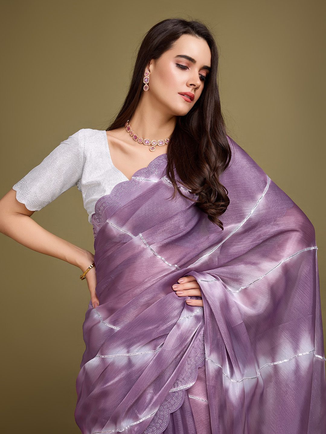 

Rekha Maniyar Tie and Dye Beads and Stones Organza Saree, Purple