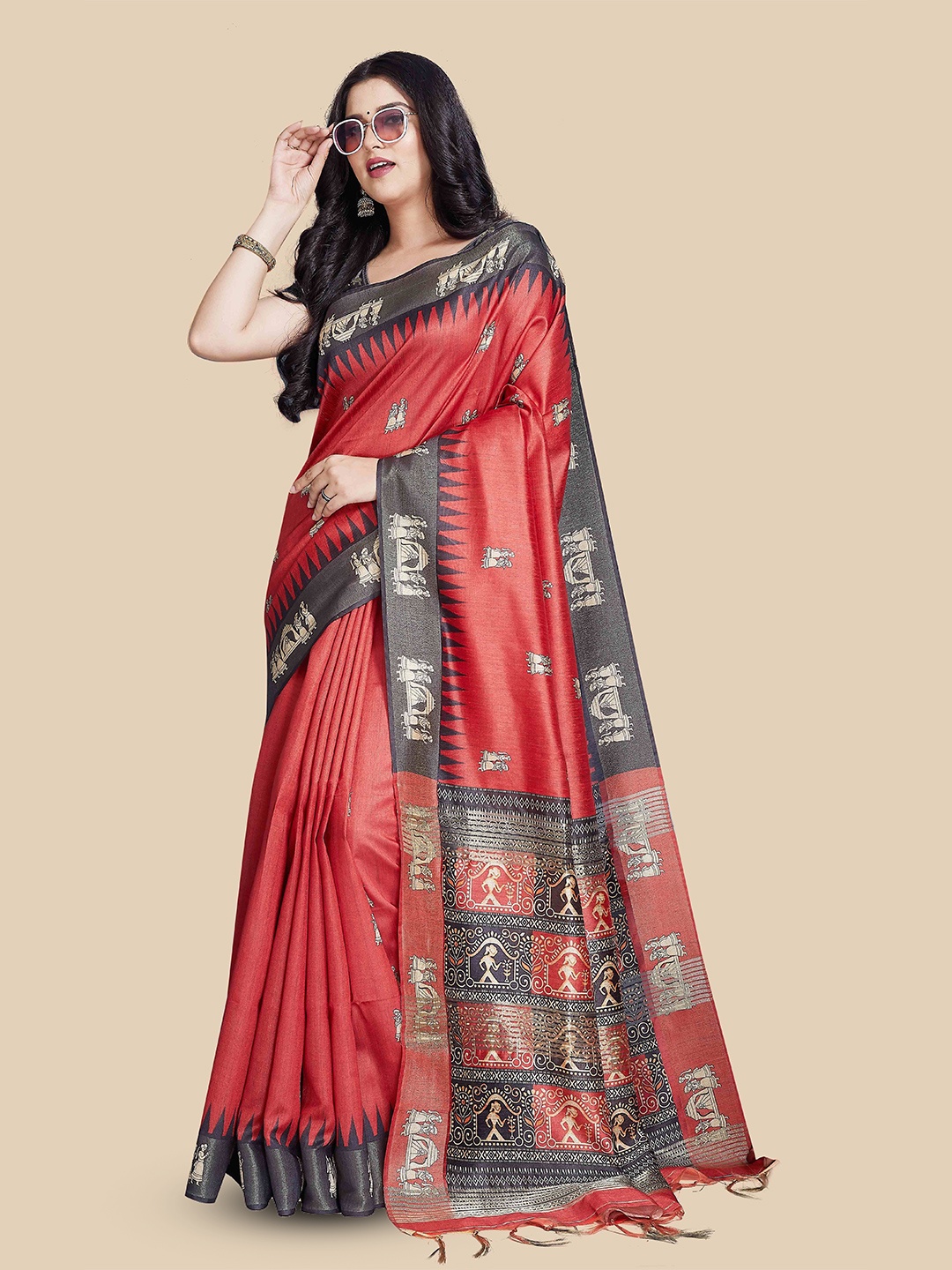 

Rani Saahiba Ethnic Motifs Printed Zari Border Tussar Saree, Red