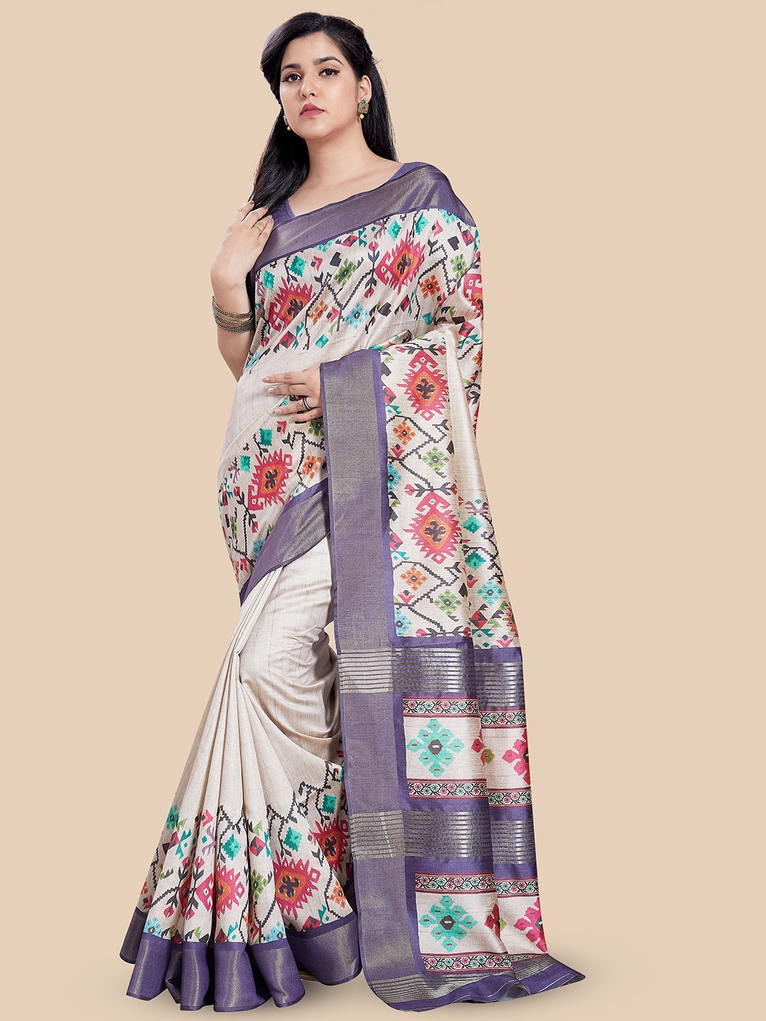 

Rani Saahiba Geometric Printed Tussar Saree, Beige