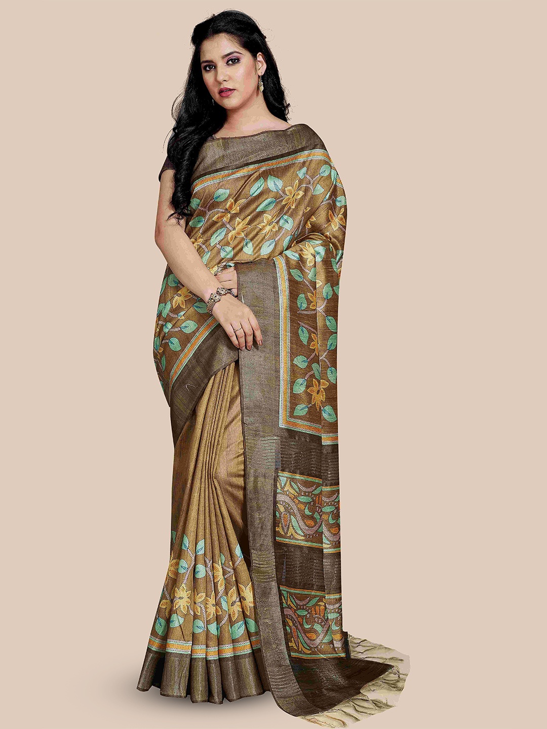 

Rani Saahiba Floral printed zari saree, Green