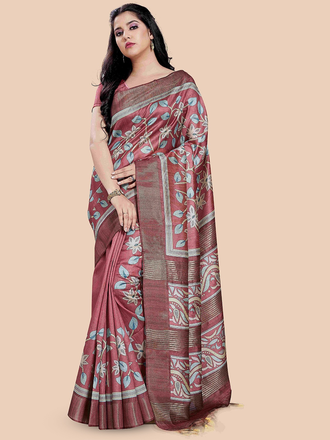 

Rani Saahiba Floral Zari Saree With Blouse Piece, Coral