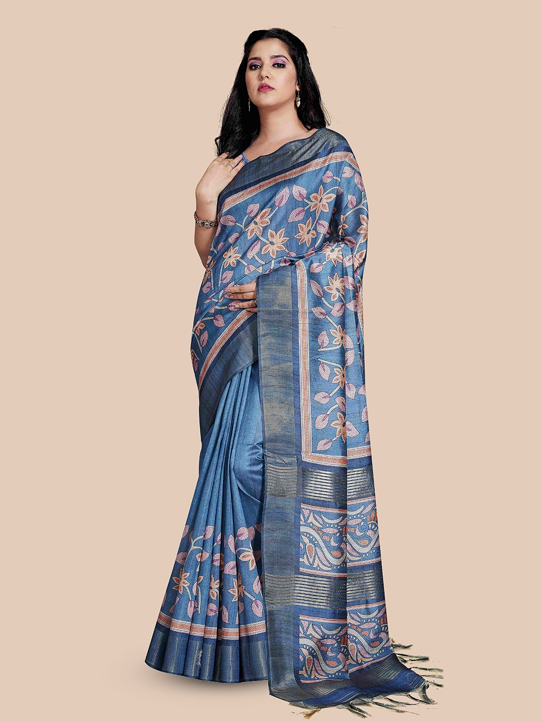 

Rani Saahiba Floral Zari Tussar Saree, Blue