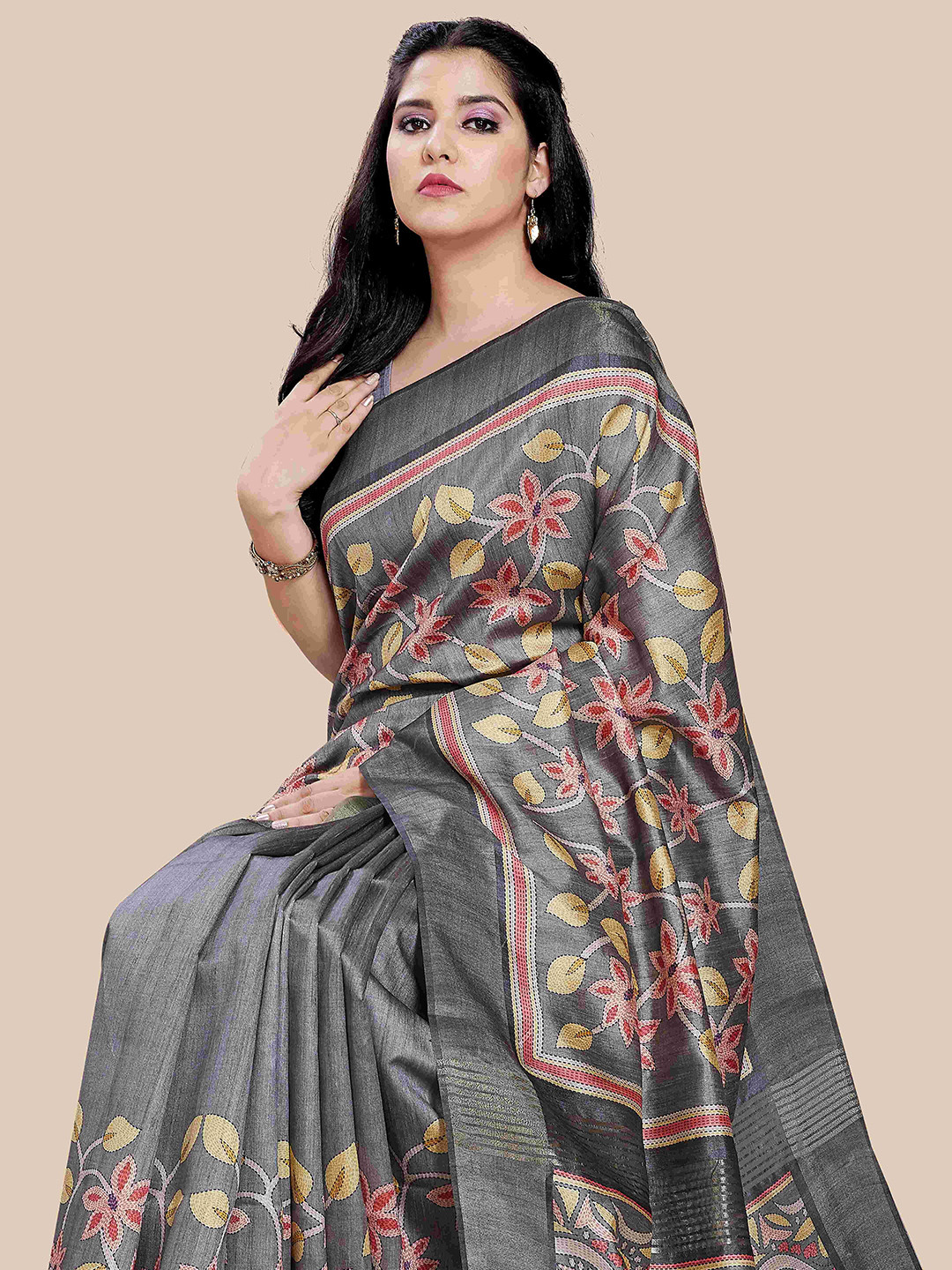 

Rani Saahiba Ethnic Motifs Print Saree With Blouse Piece, Grey