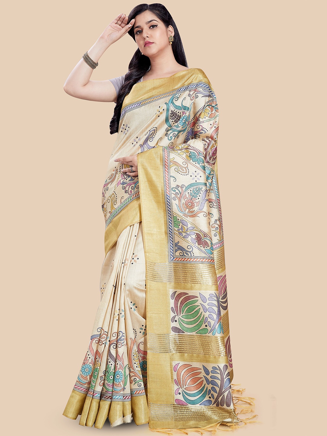 

Rani Saahiba Paisley Zari Tussar Saree With Blouse Piece, Beige