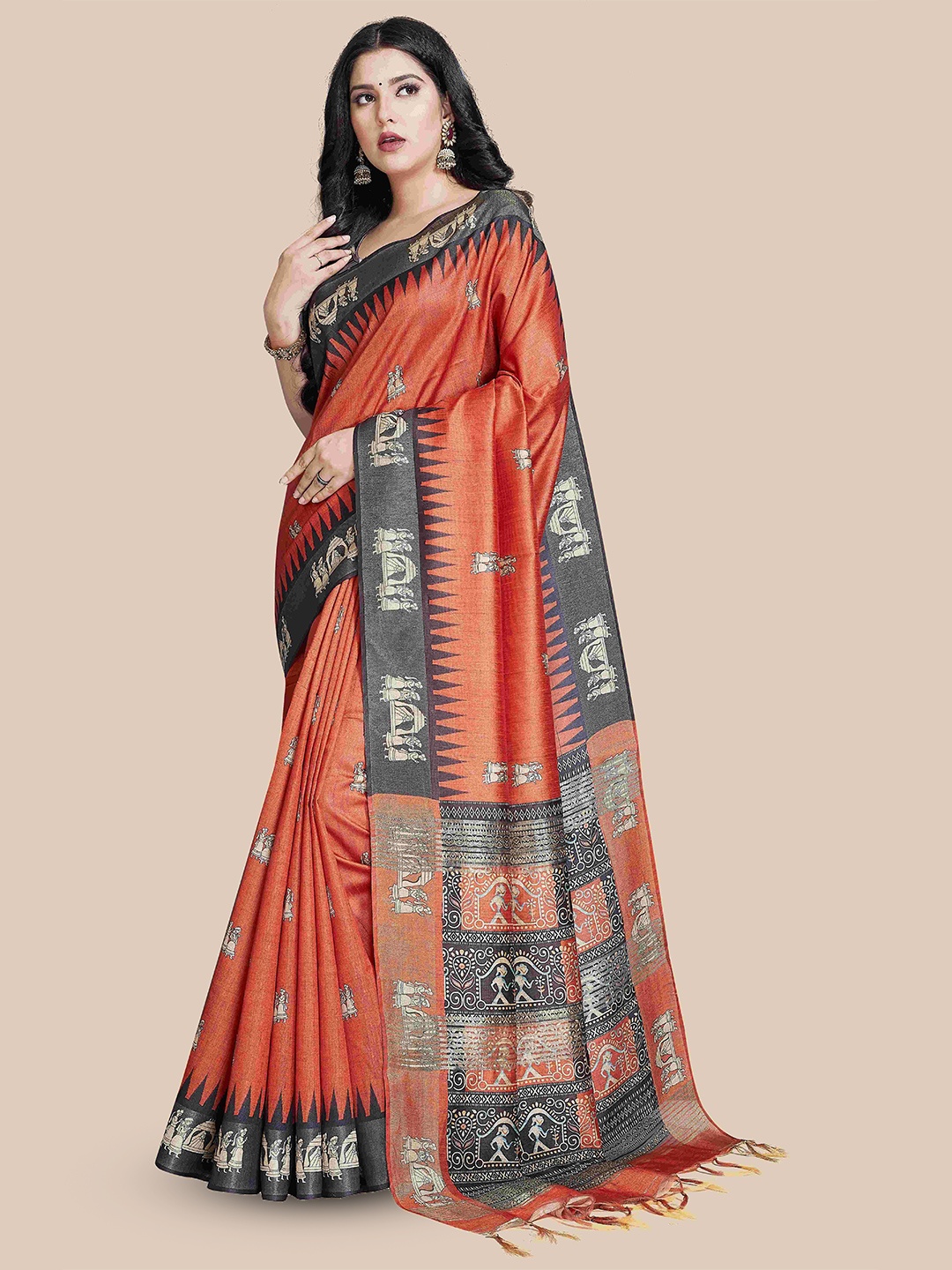 

Rani Saahiba Ethnic Motifs Print Saree With Blouse Piece, Rust