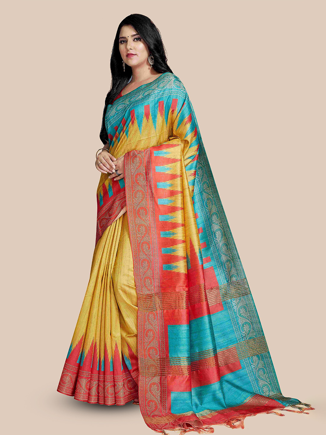 

Rani Saahiba Printed Tussar Saree With Blouse Piece, Yellow