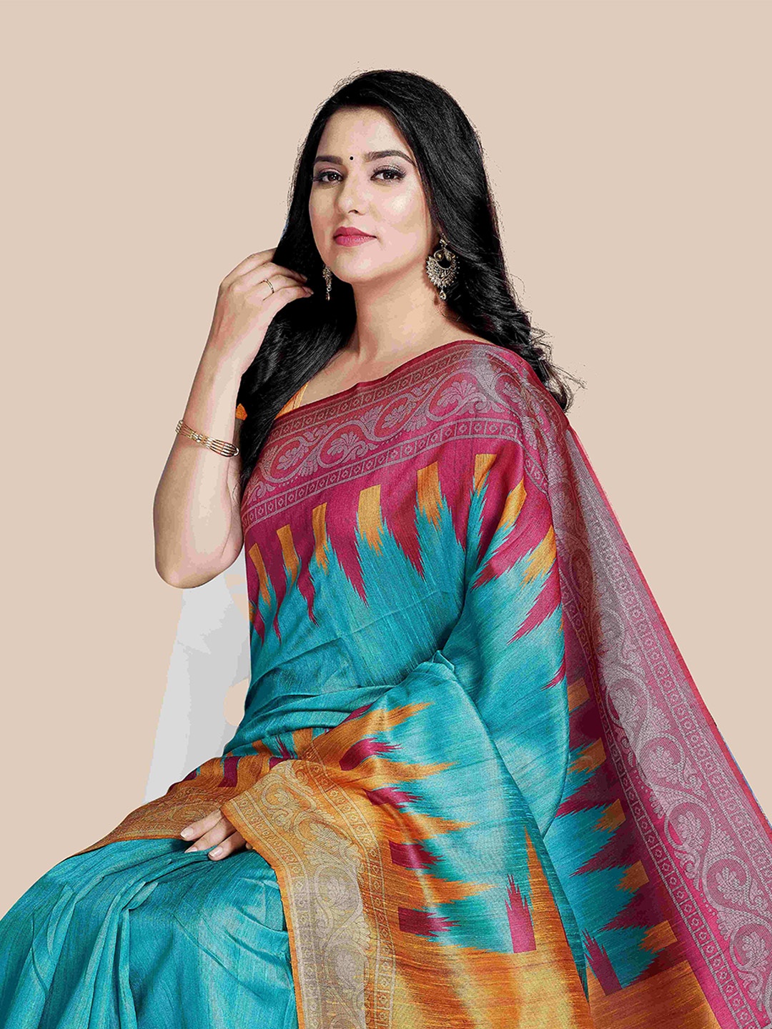 

Rani Saahiba Ethnic Motifs Printed Tussar Saree, Green