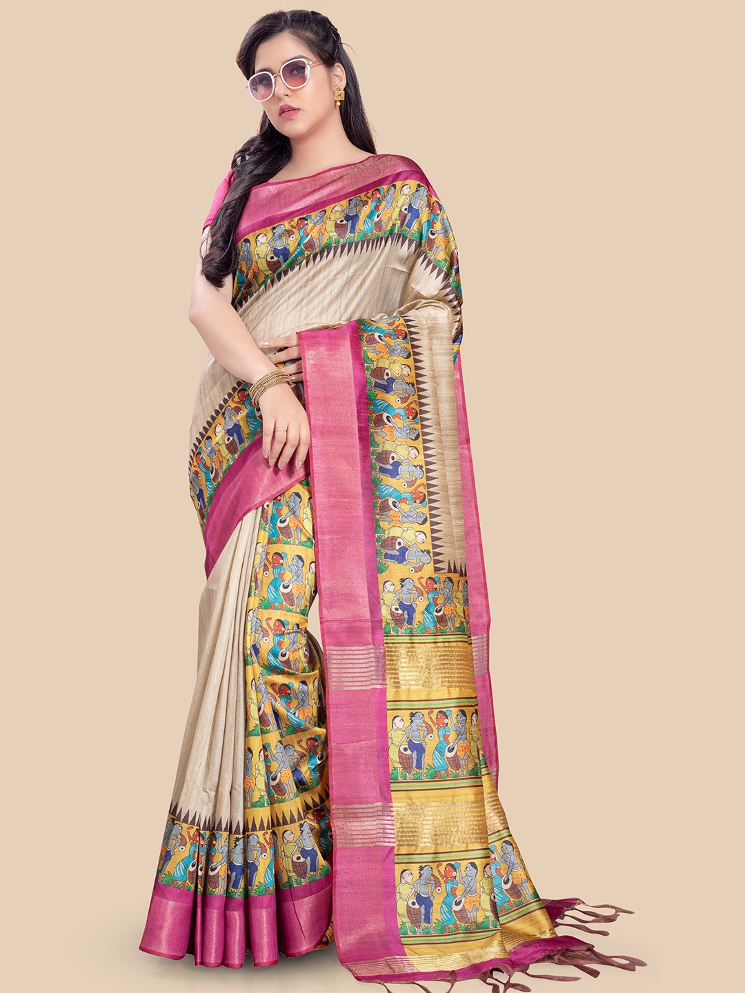 

Rani Saahiba Ethnic Motifs Zari Saree With Blouse Piece, Beige
