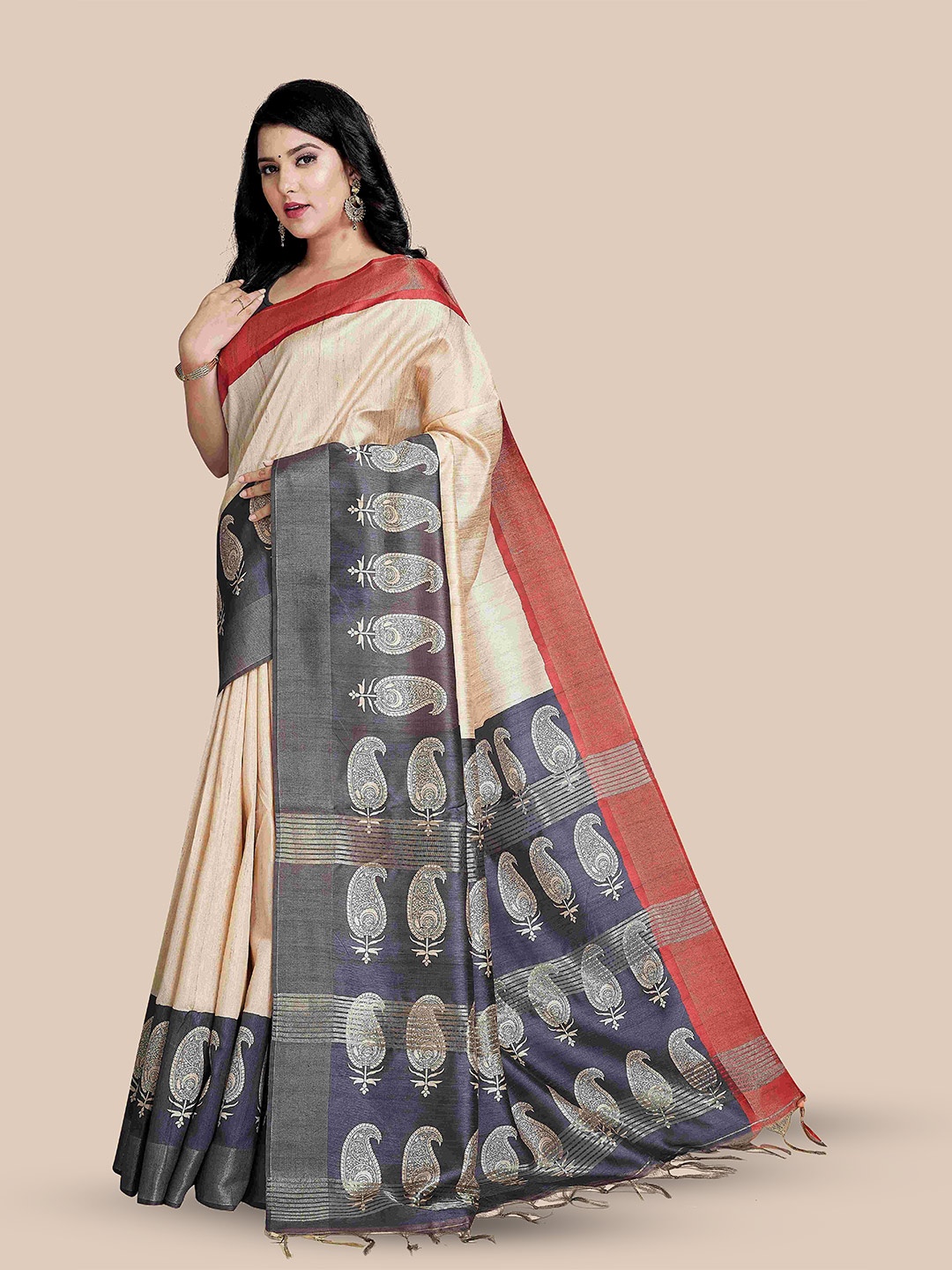 

Rani Saahiba Paisley Printed Zari Saree, Beige