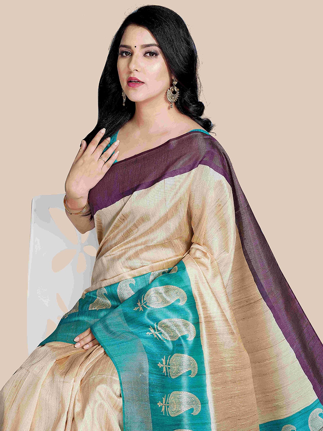 

Rani Saahiba Paisley Tussar Saree, Beige