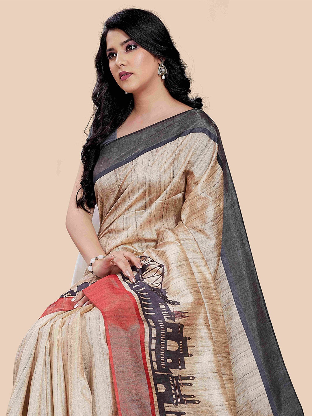 

Rani Saahiba Abstract Printed Zari Tussar Saree, Beige