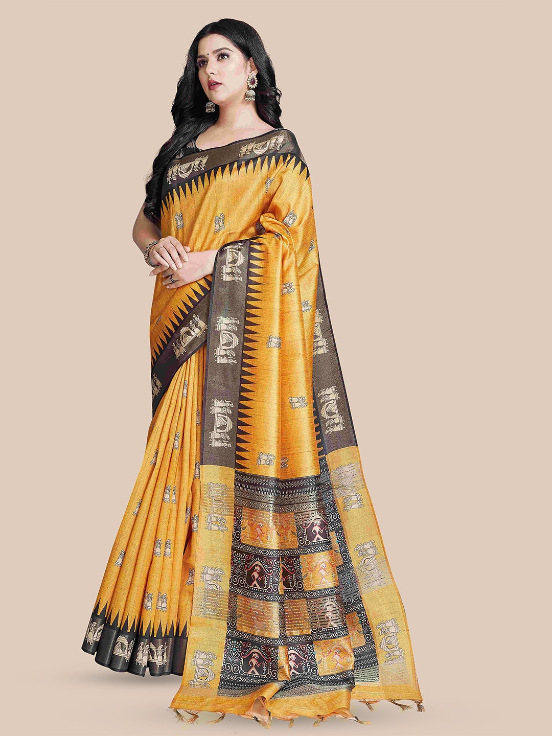 

Rani Saahiba Ethnic Motifs Printed Tussar Saree With Blouse Piece, Yellow