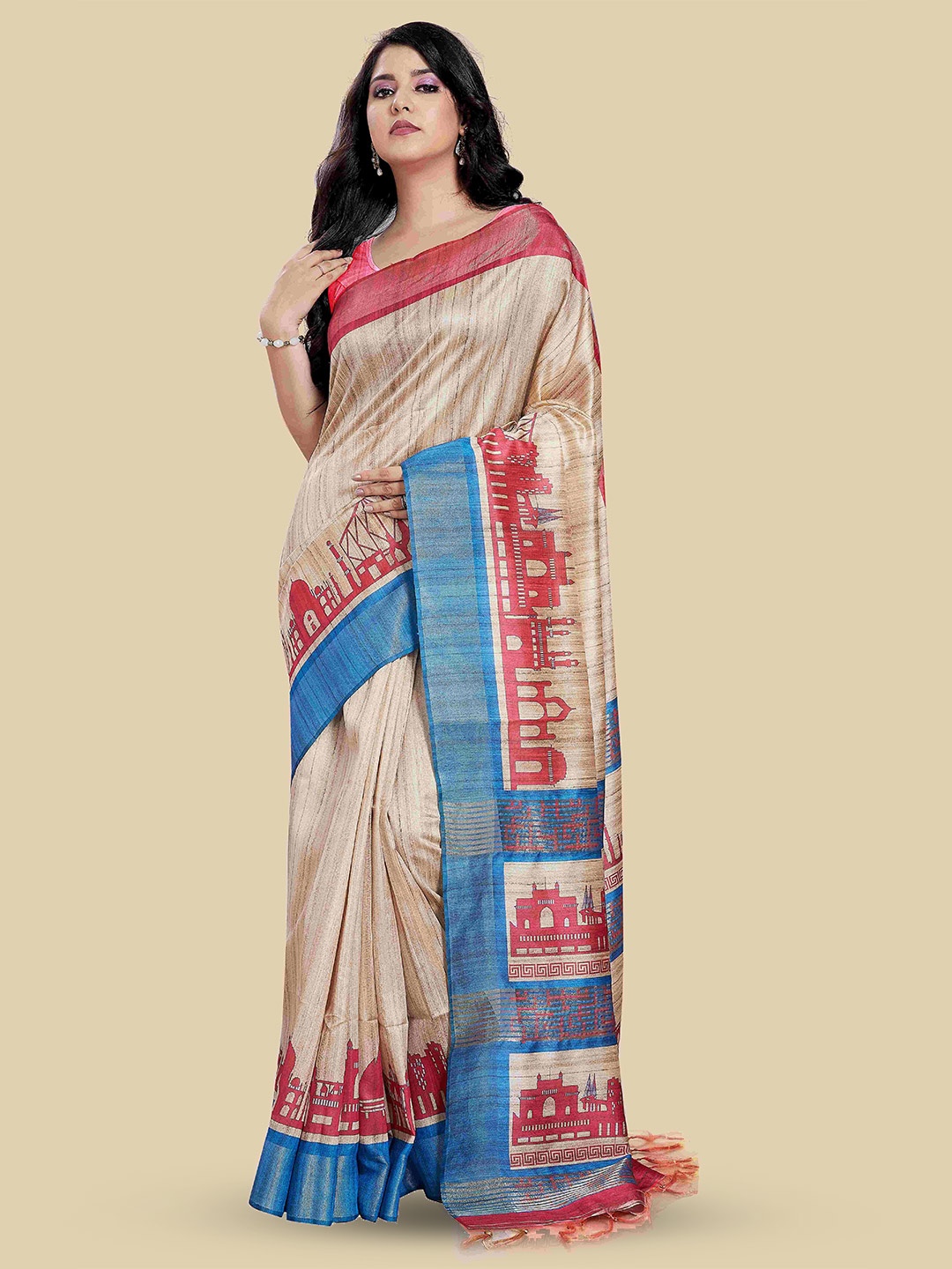 

Rani Saahiba Abstract Printed Zari Tussar Saree, Beige