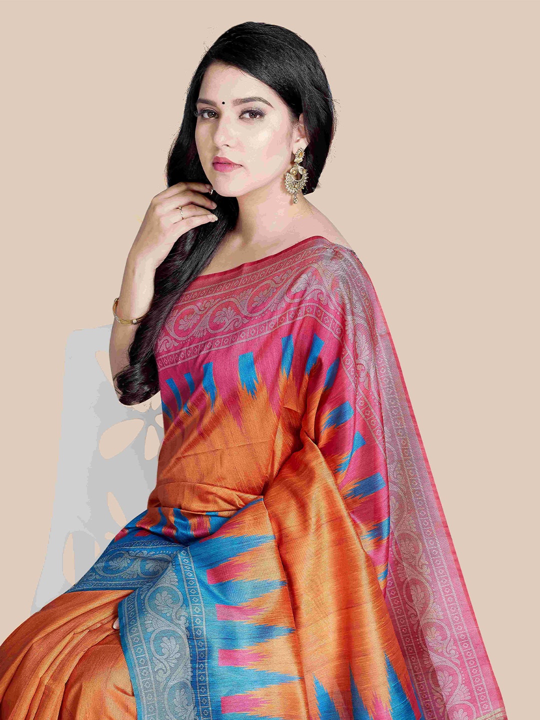 

Rani Saahiba Printed Tussar Saree With Blouse Piece, Orange