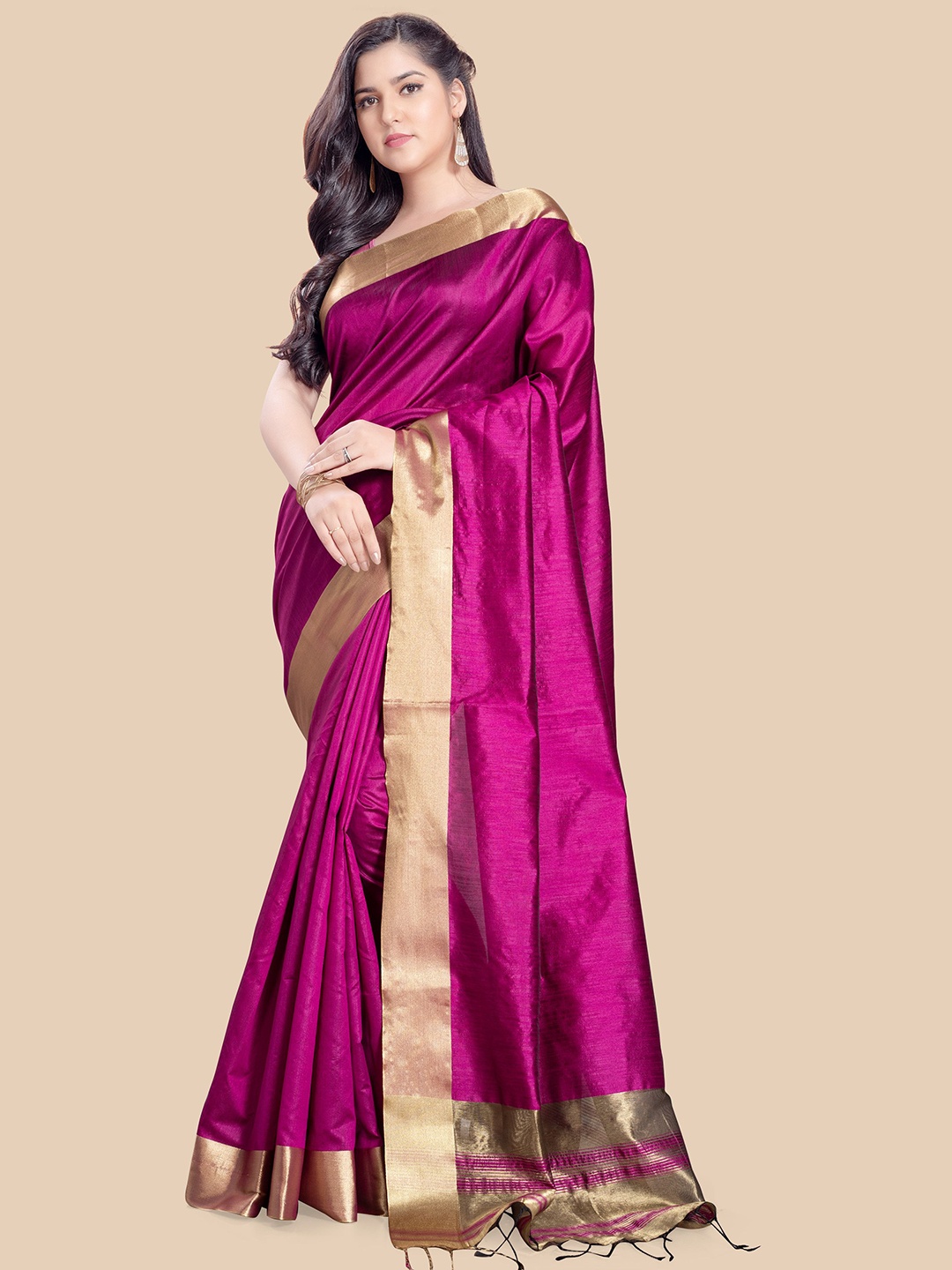 

Rani Saahiba Solid Zari Saree, Pink