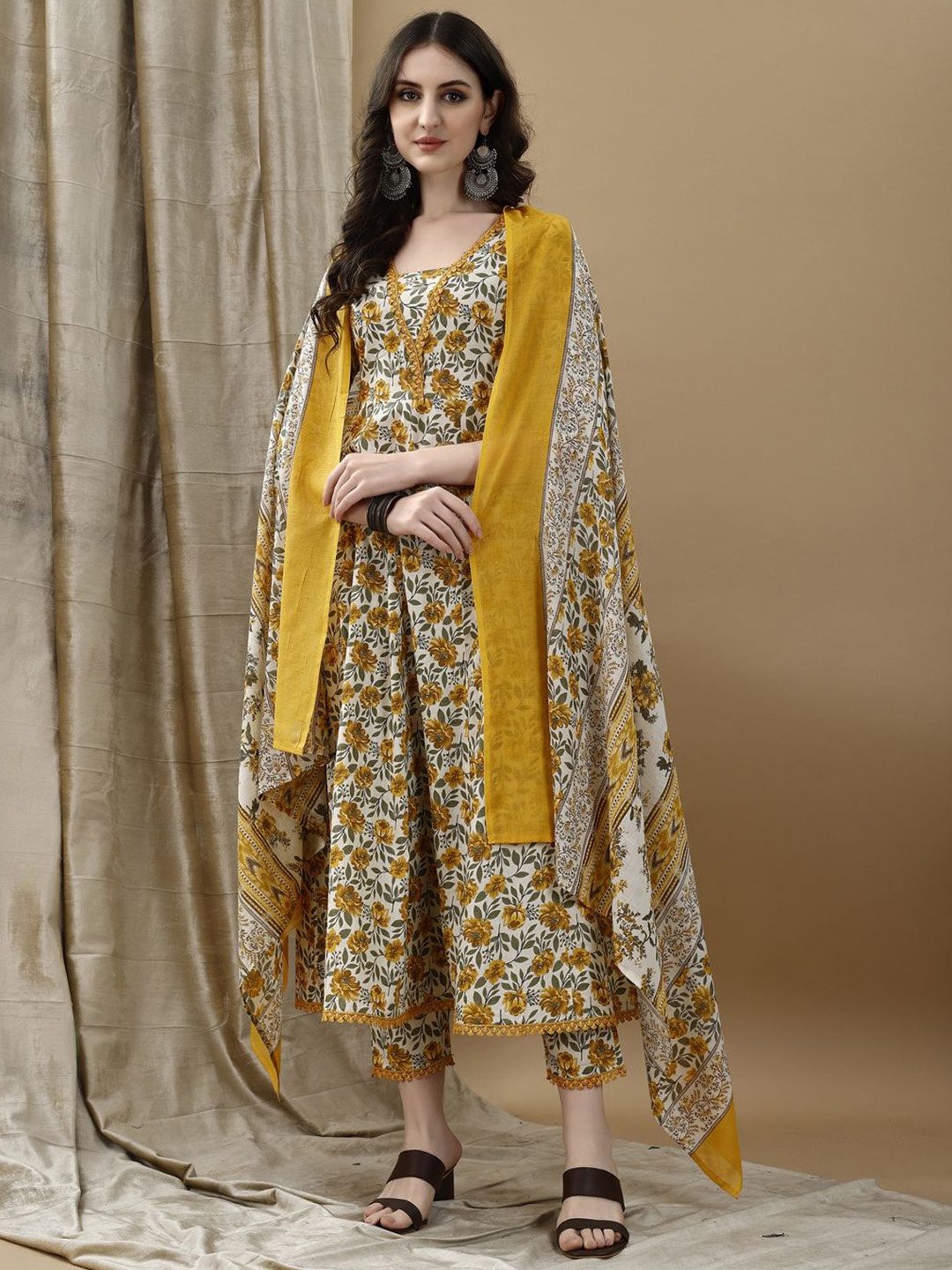 

KALINI Floral Printed Pure Cotton Anarkali Kurta With Trousers & Dupatta, Yellow