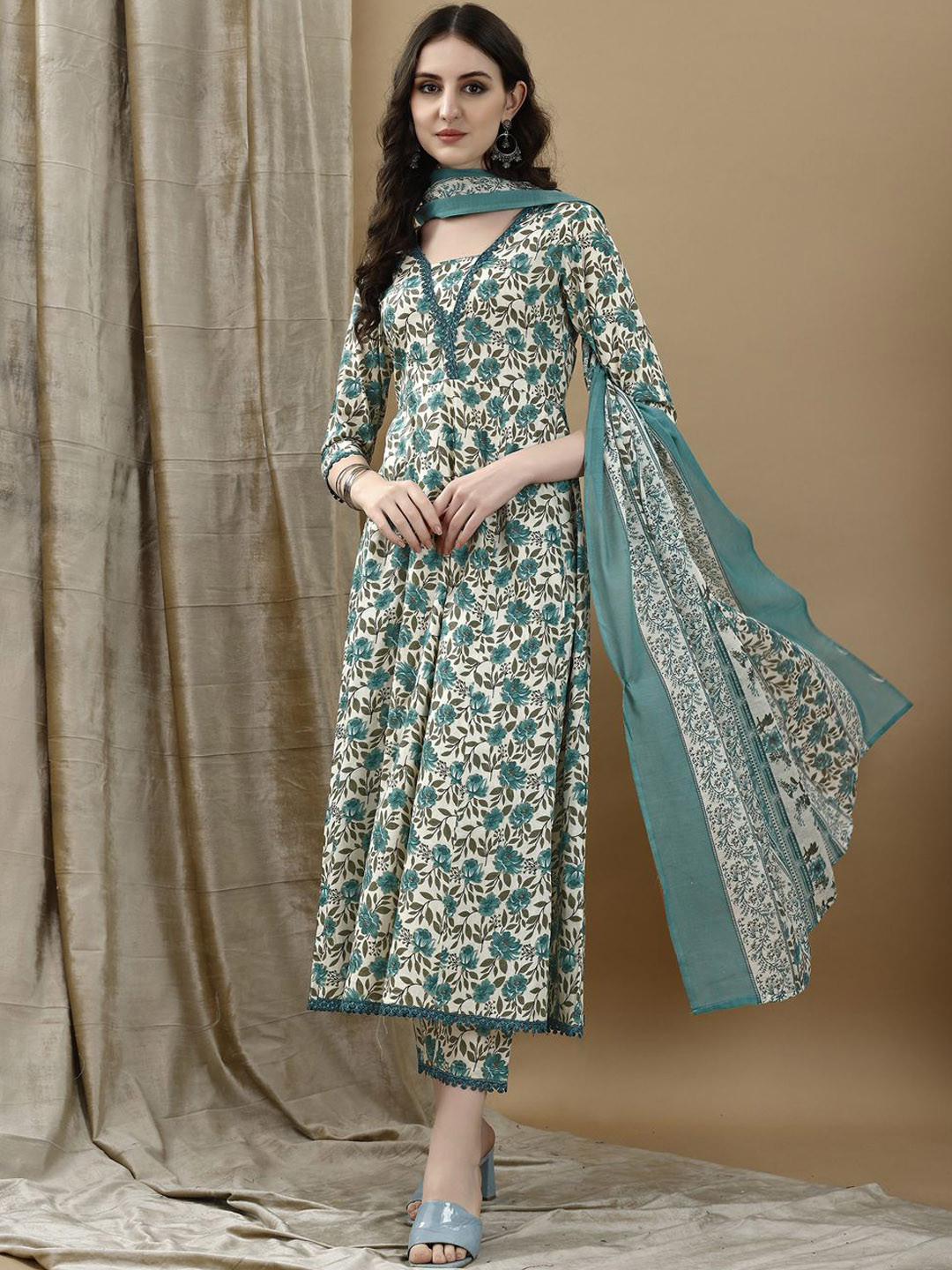 

KALINI Floral Printed Pure Cotton V-Neck Anarkali Kurta With Trousers & Dupatta, Teal