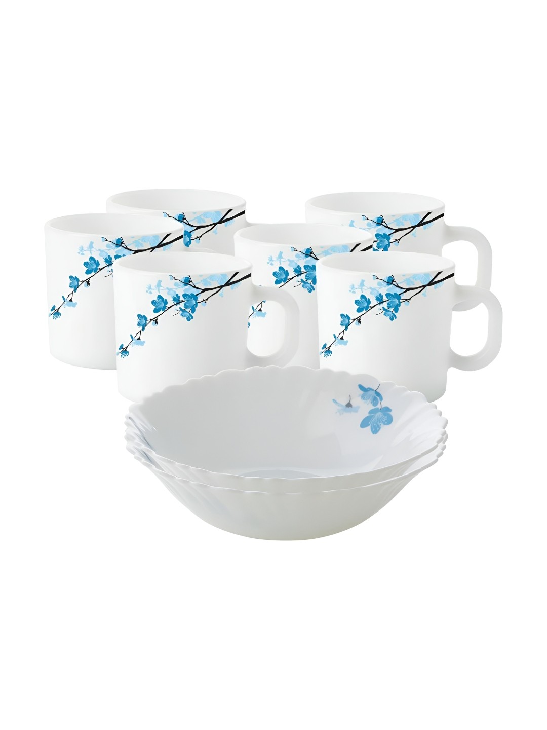 

Larah by BOROSIL Fluted Series Mimosa White & Blue 8 Pieces Printed Crockery Dinner Set