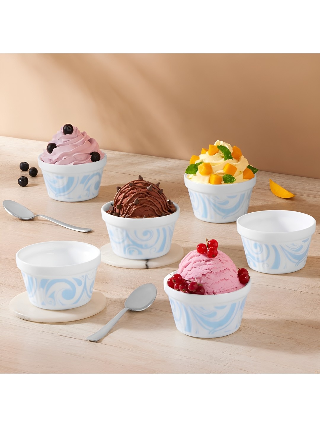

Larah by BOROSIL Plano Frosty White & Blue 6 Pieces Printed Bowls