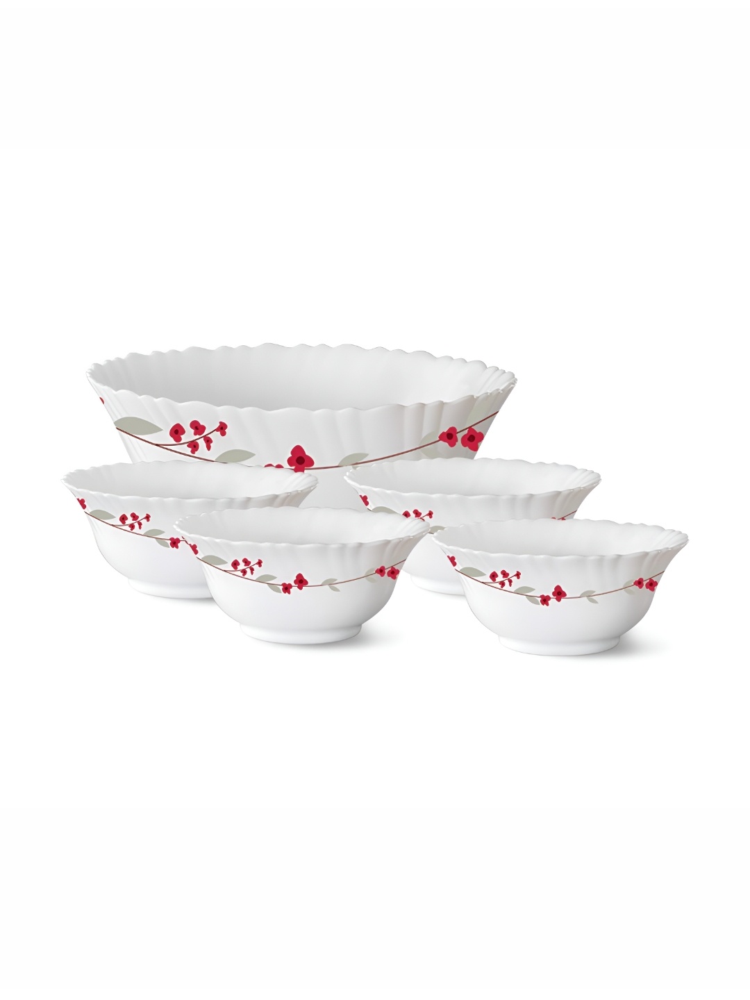 

Larah by BOROSIL Fluted Series Verona White & Red 5 Pieces Printed Crockery Bowls