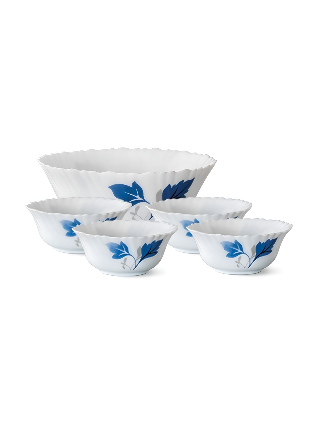 

Larah by BOROSIL Fluted Series Ageria White & Blue 5 Pieces Printed Crockery Bowls
