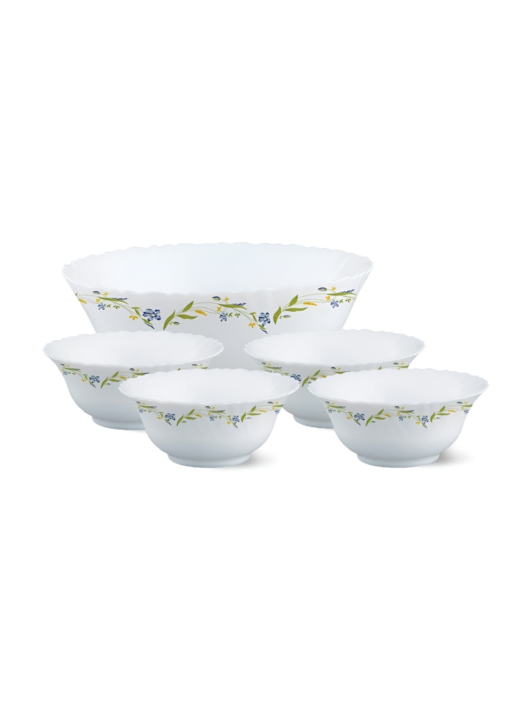 

Larah by BOROSIL Fluted Series Cripper White & Green 5 Pieces Printed Bowls