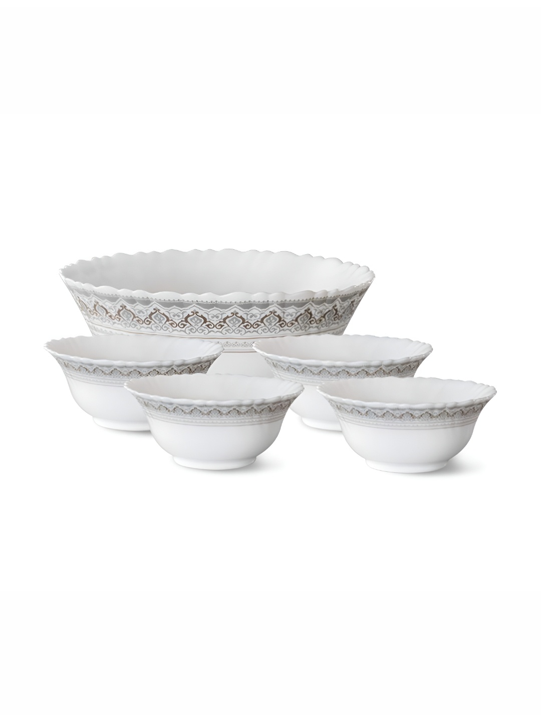 

Larah by BOROSIL Fluted Series Classic White & Brown 5 Pieces Printed Bowls