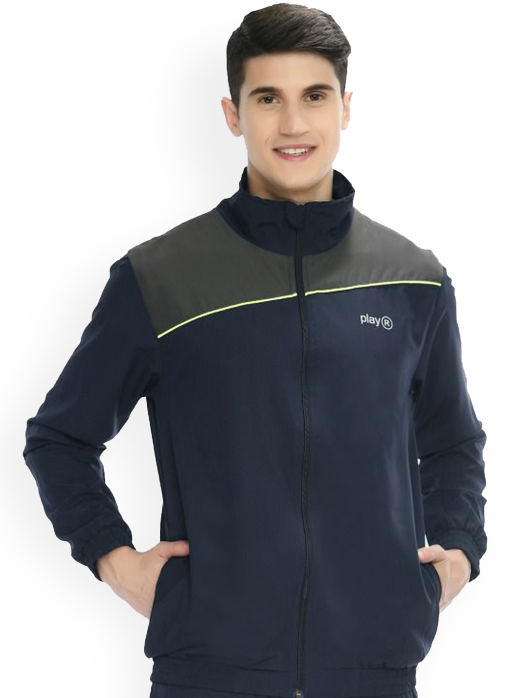 

playR Men Colourblocked Mock Neck Jacket, Navy blue