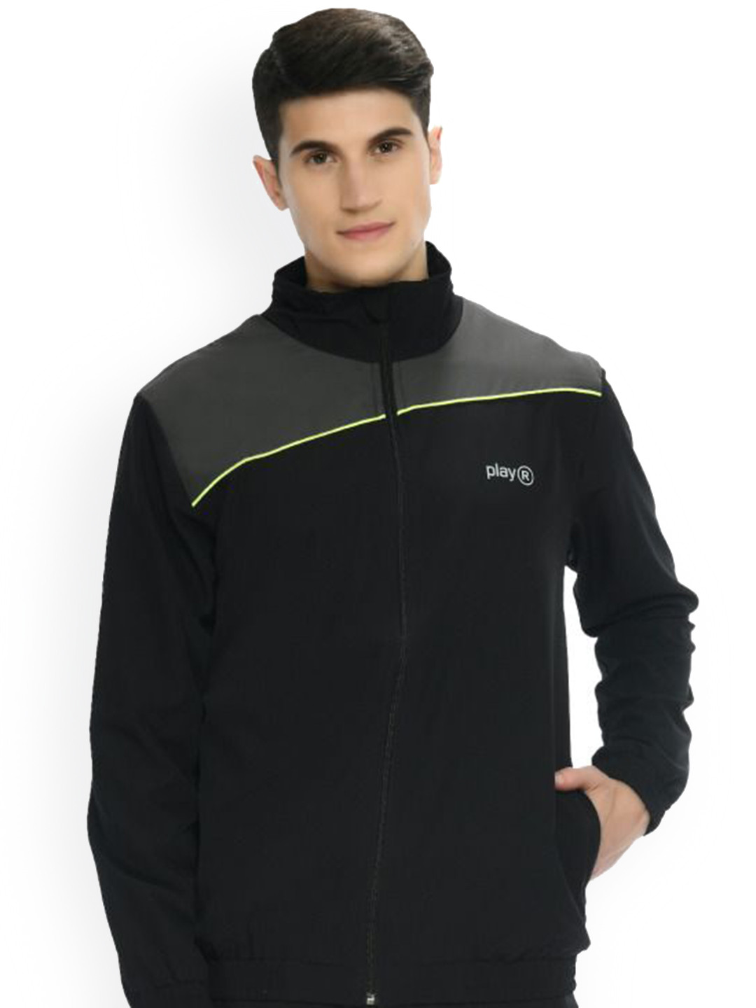 

playR Men Colourblocked Mock Neck Lightweight Sporty Jacket, Black
