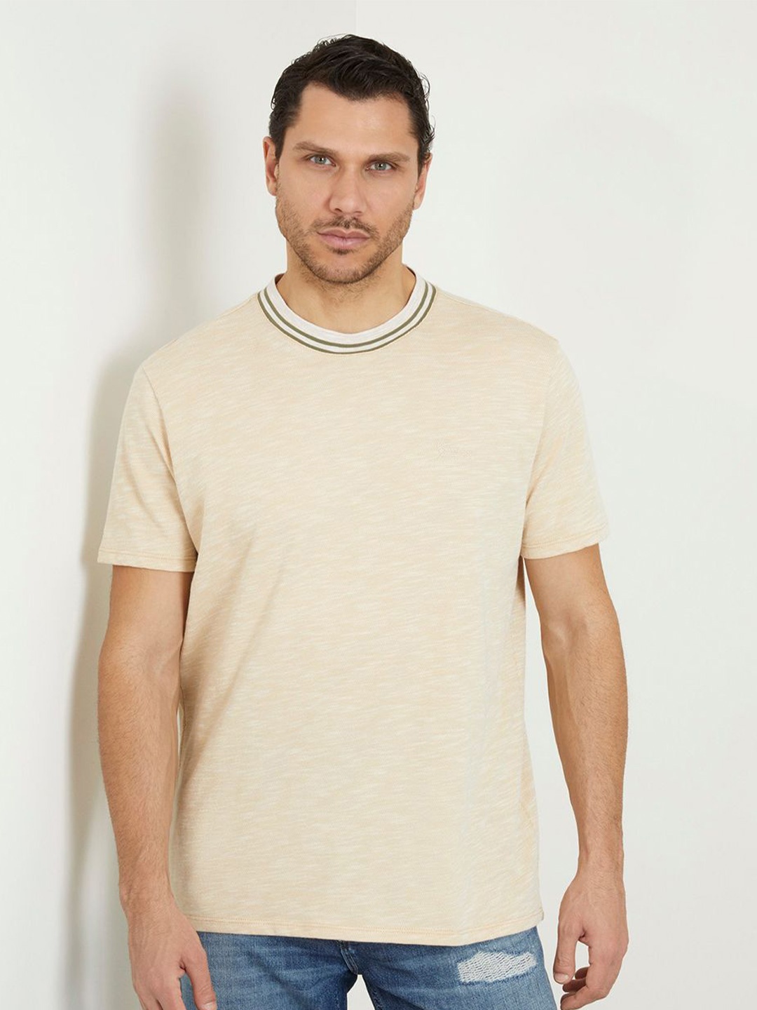 

GUESS Men Solid Round Neck T-shirt, Beige