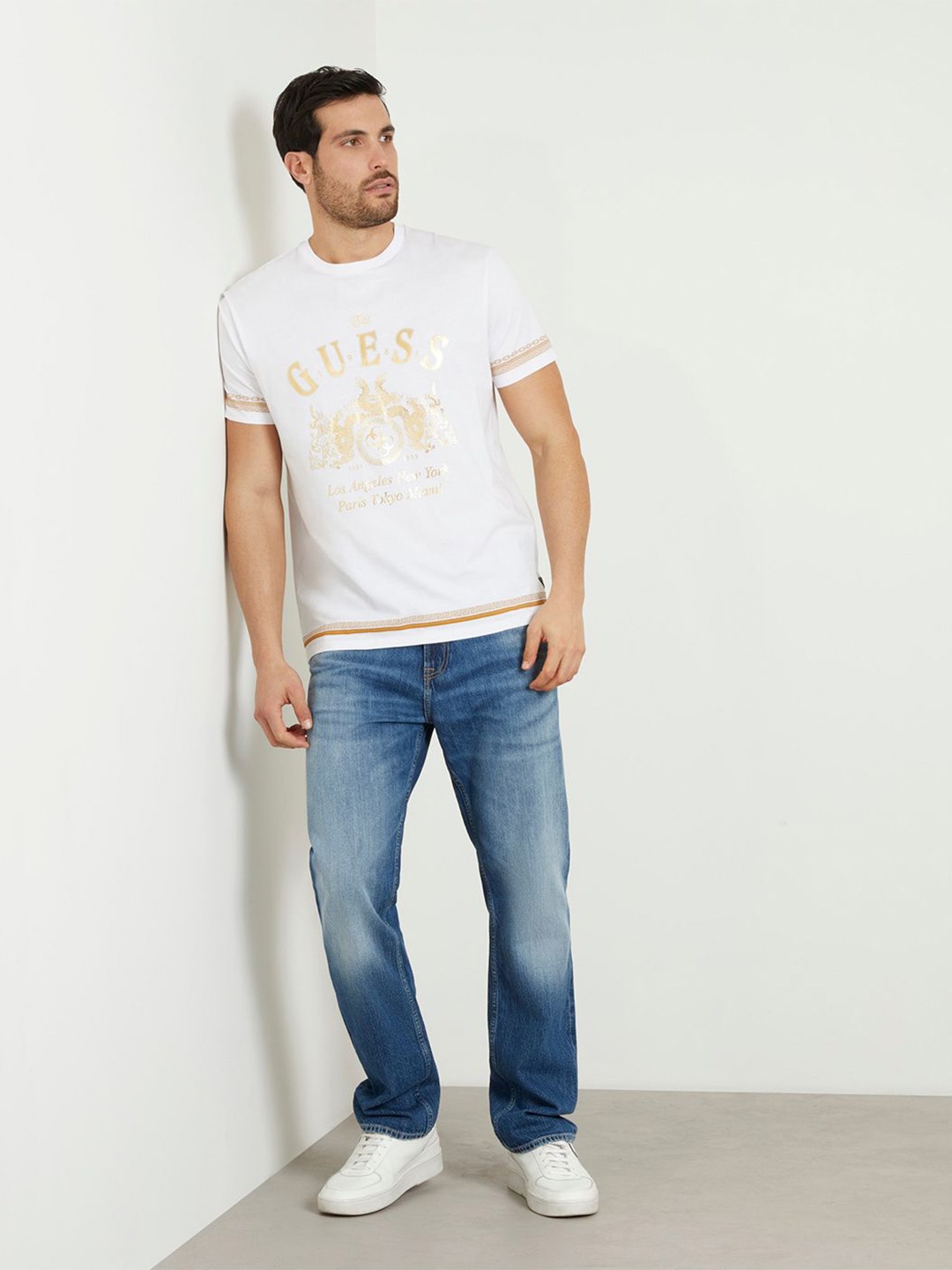 GUESS Men Typography Printed Round Neck T-shirt, White