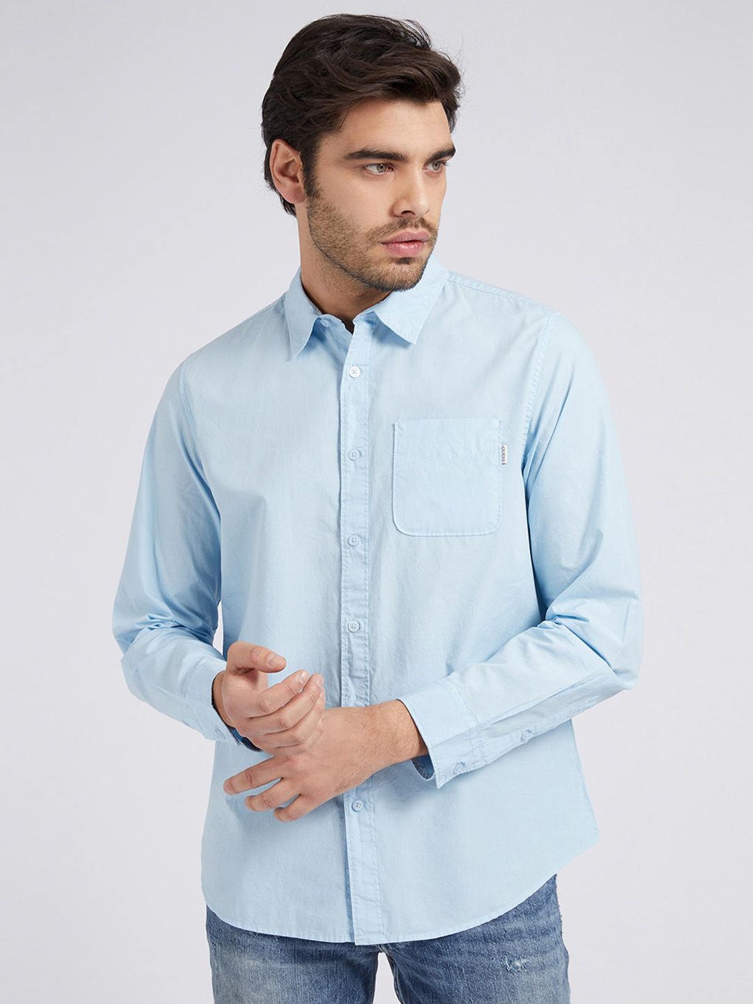 

GUESS Men Solid Pocket Slim Fit Casual Shirt, Blue