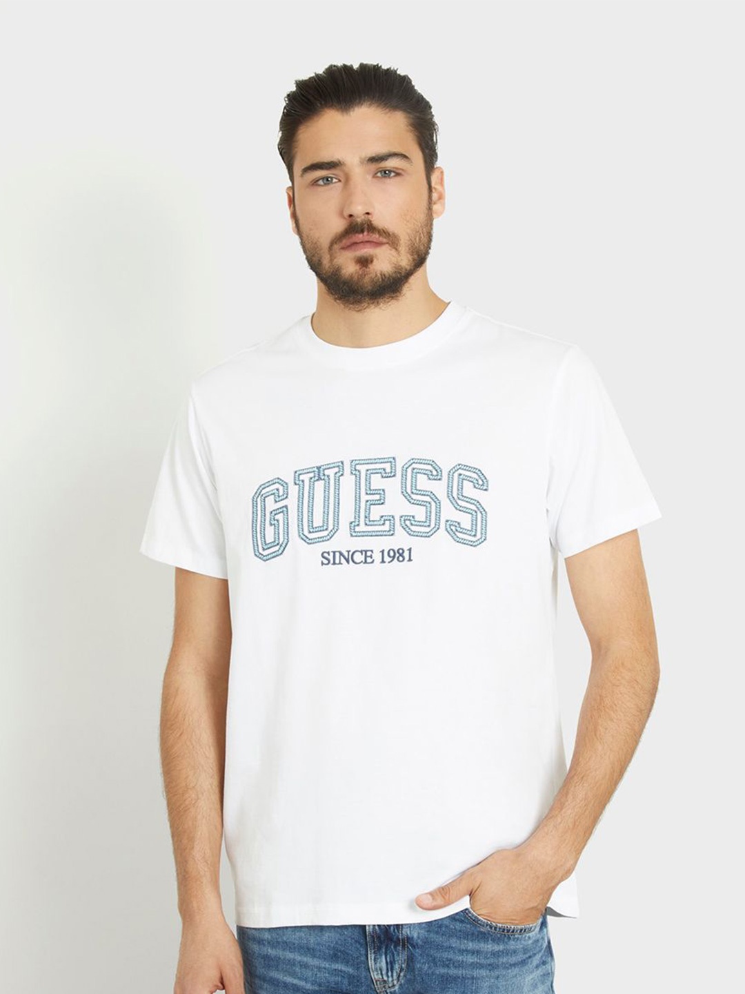 GUESS Men Typography Embroidered Round Neck Pure Cotton T-shirt, White