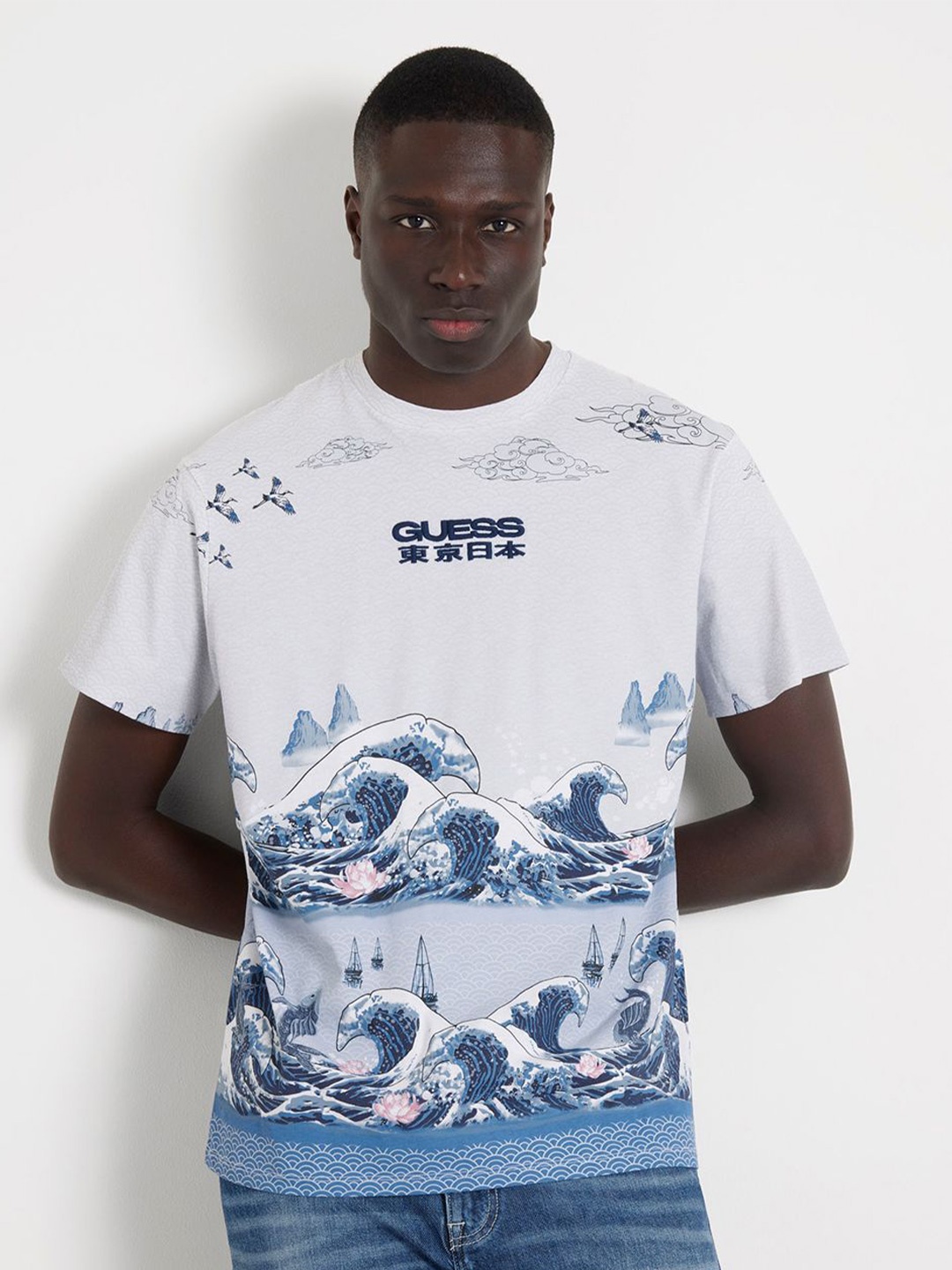 

GUESS Men Graphic Nautical Printed Round Neck Cotton T-shirt, White
