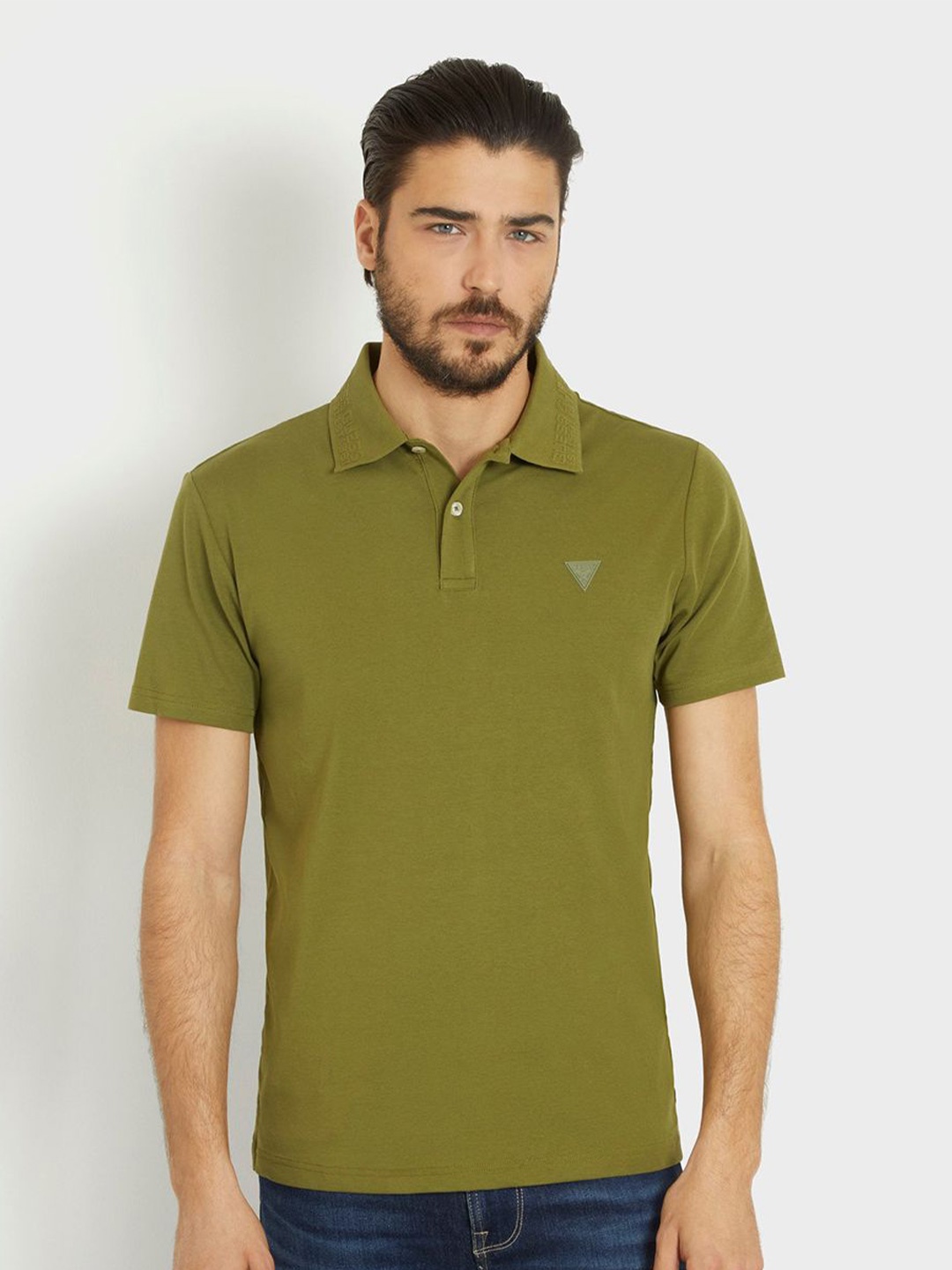 

GUESS Men Solid Polo Collar T-shirt, Olive