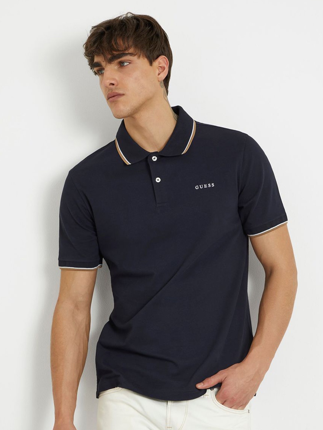 

GUESS Men Solid Polo Collar Slim Fit T-shirt, Navy blue