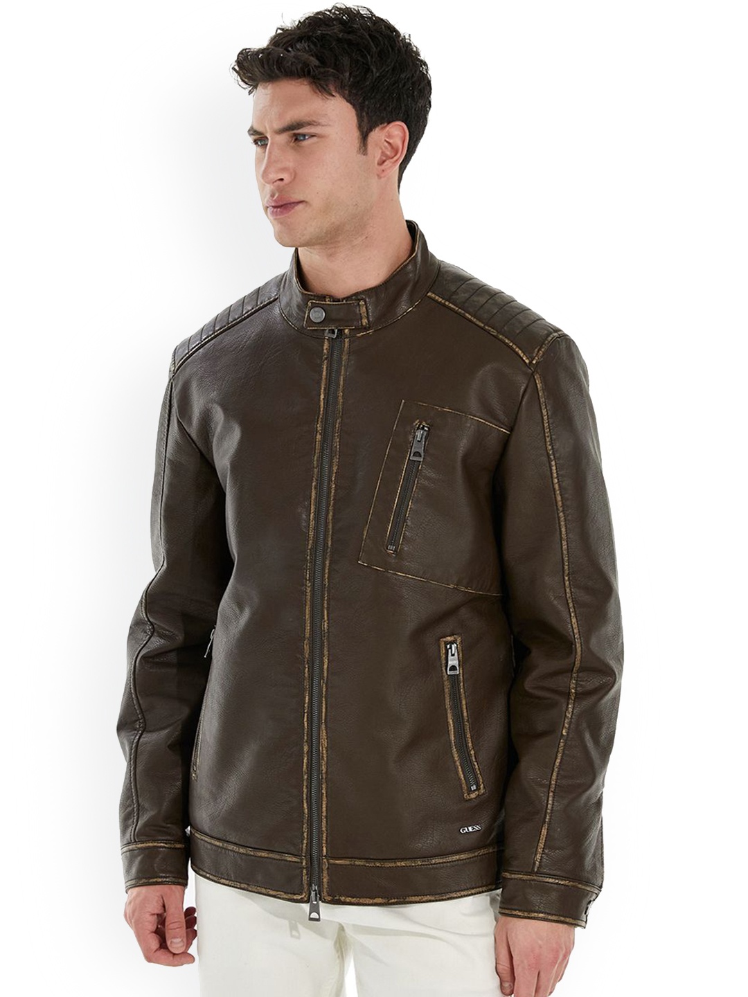 

GUESS Men Solid Bomber Jacket, Brown