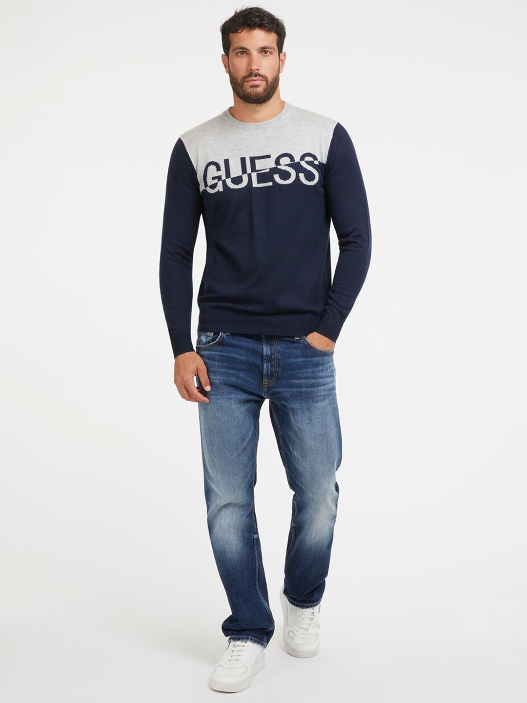 

GUESS Men Typography Colourblocked Pullover Sweater, Blue