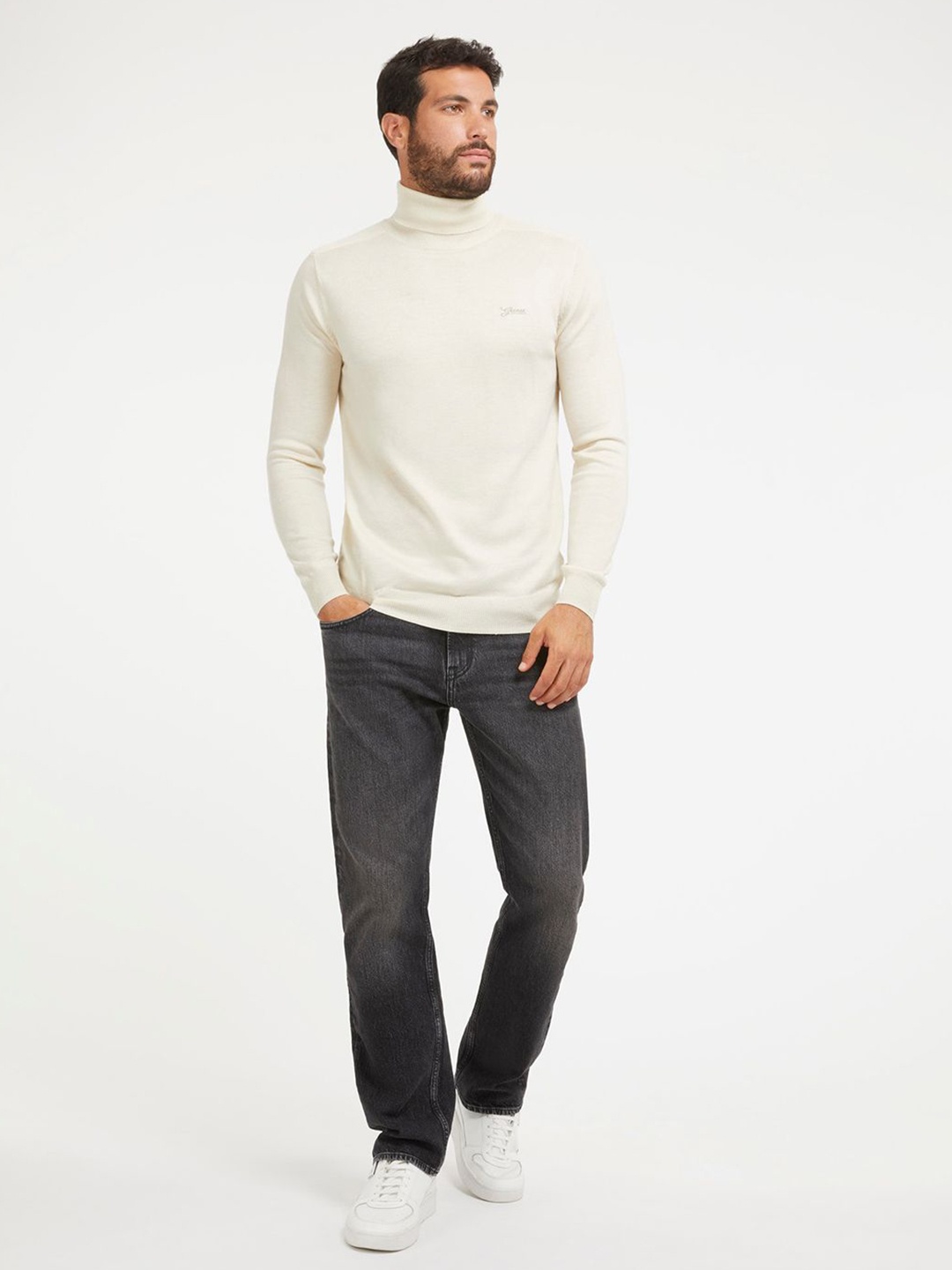 

GUESS Men Turtle Neck Pullover Sweater, Cream