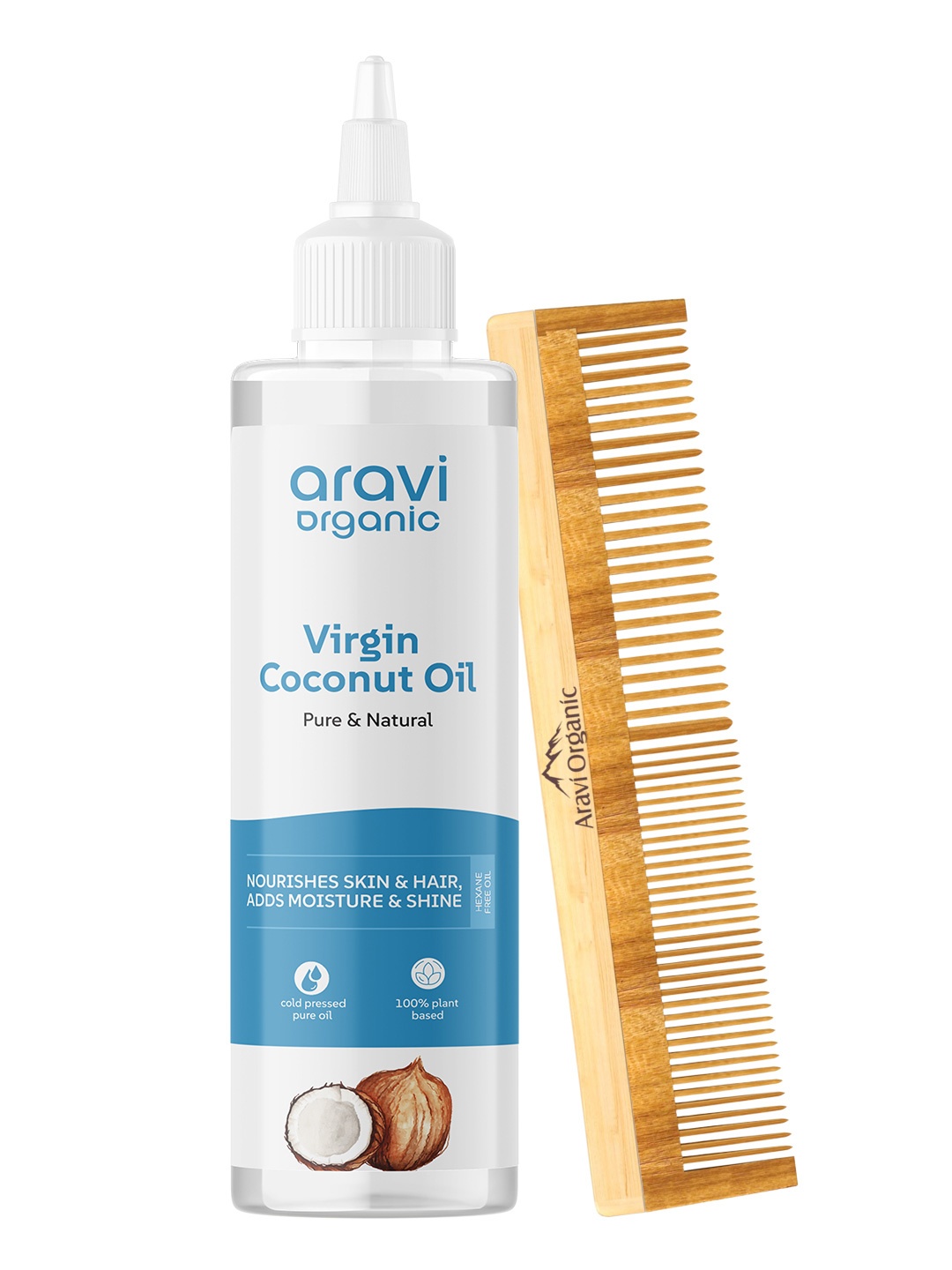 

Aravi Organic Set of 100% Pure Cold Pressed Coconut Oil & Neem Comb for Hair Growth, White