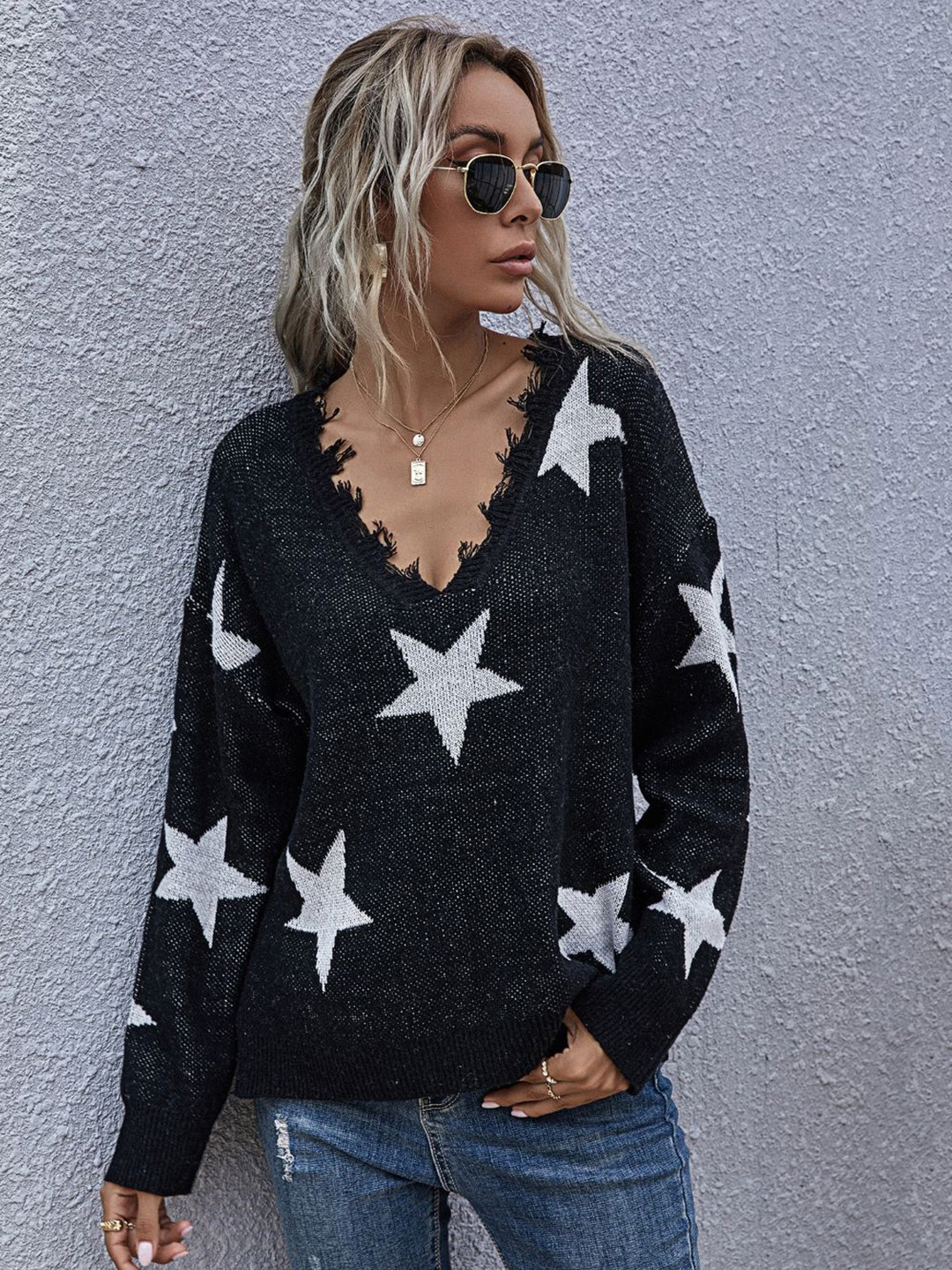 

Stylecast X KPOP Women V-Neck Geometric Printed Pullover Sweater, Black