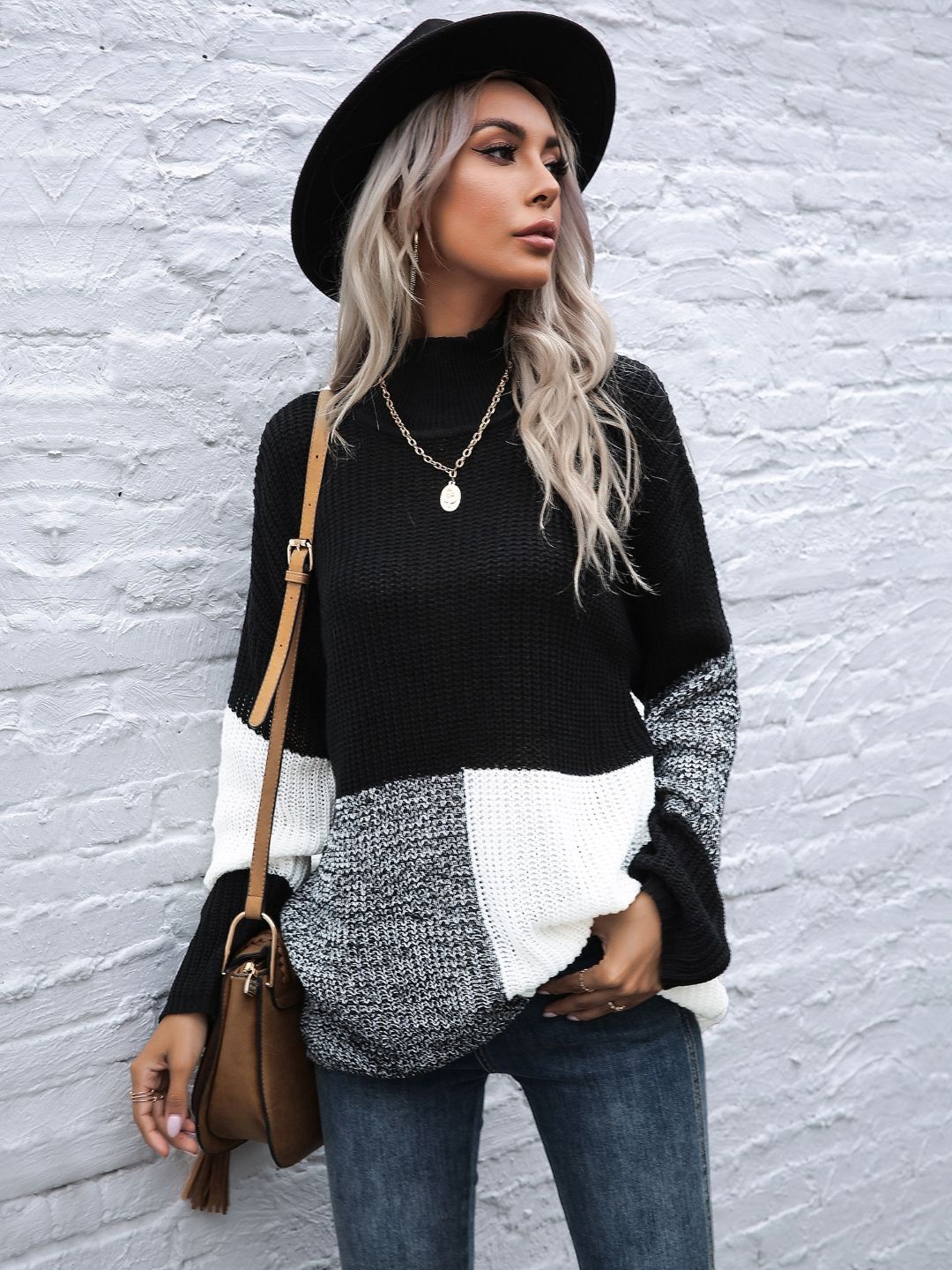 

Stylecast X KPOP Women Turtle Neck Colourblocked Longline Pullover Sweater, Black