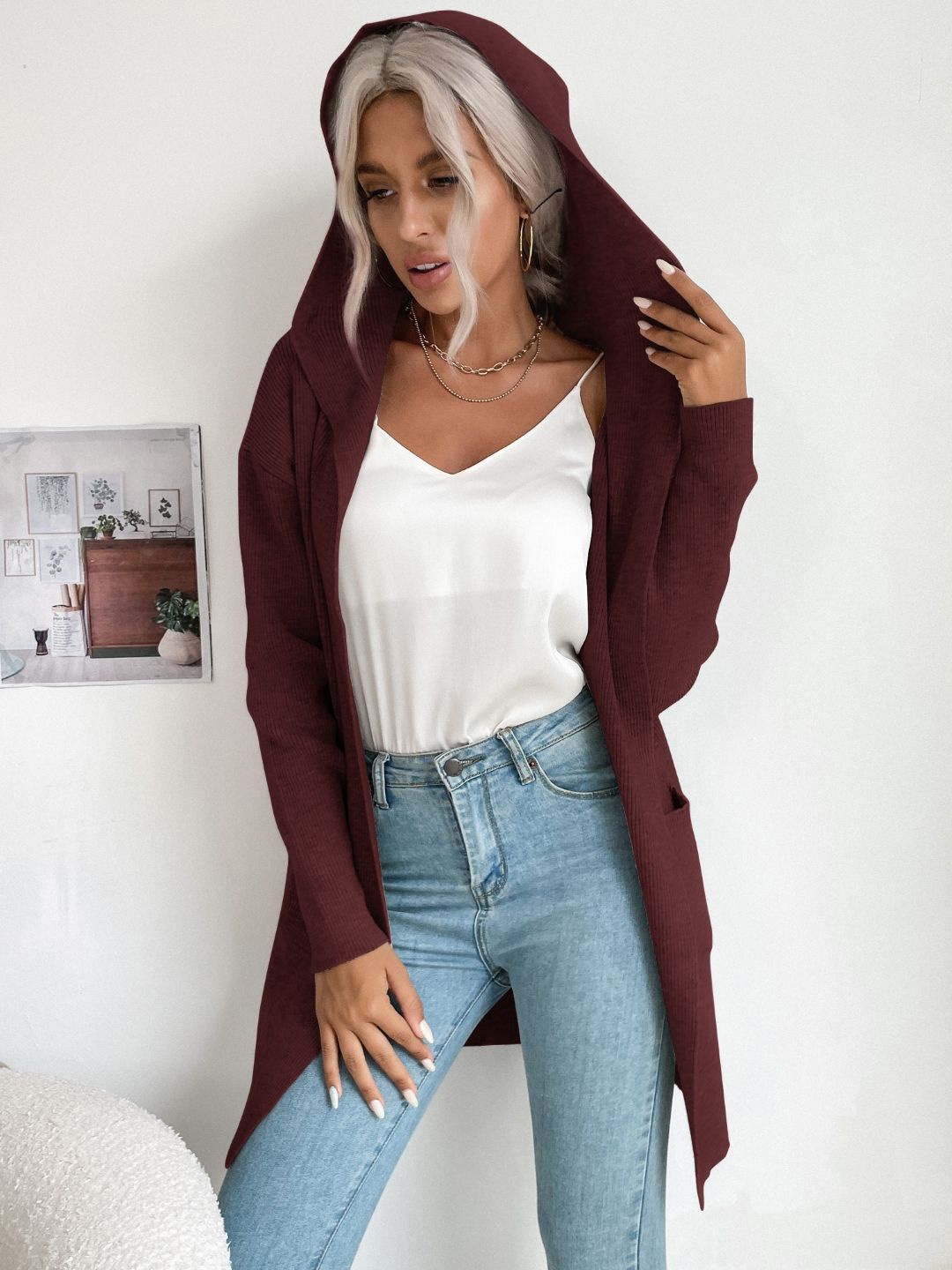 

Stylecast X KPOP Women Hooded Ribbed Longline Cardigan Sweater, Maroon