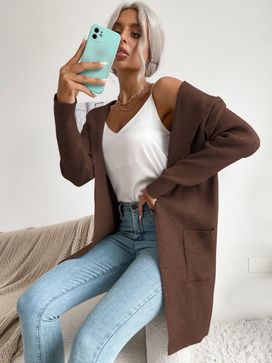 

Stylecast X KPOP Women Hooded Solid Longline Cardigan Sweater, Brown