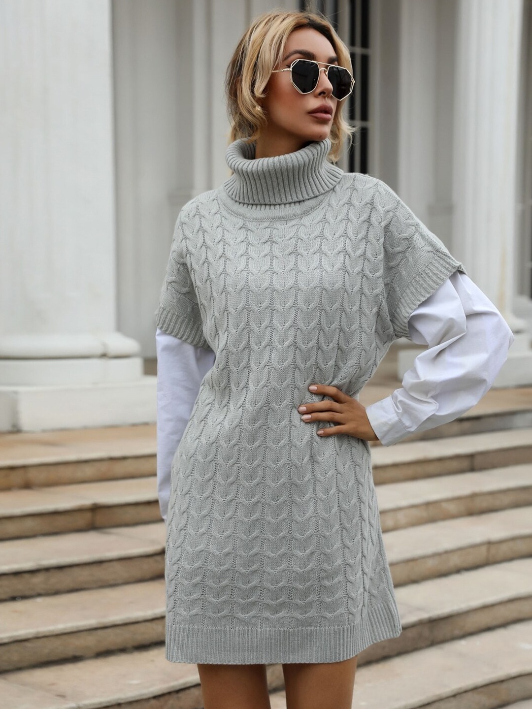 

Stylecast X KPOP Women Turtle Neck Cable Knits Longline Pullover Sweater, Grey